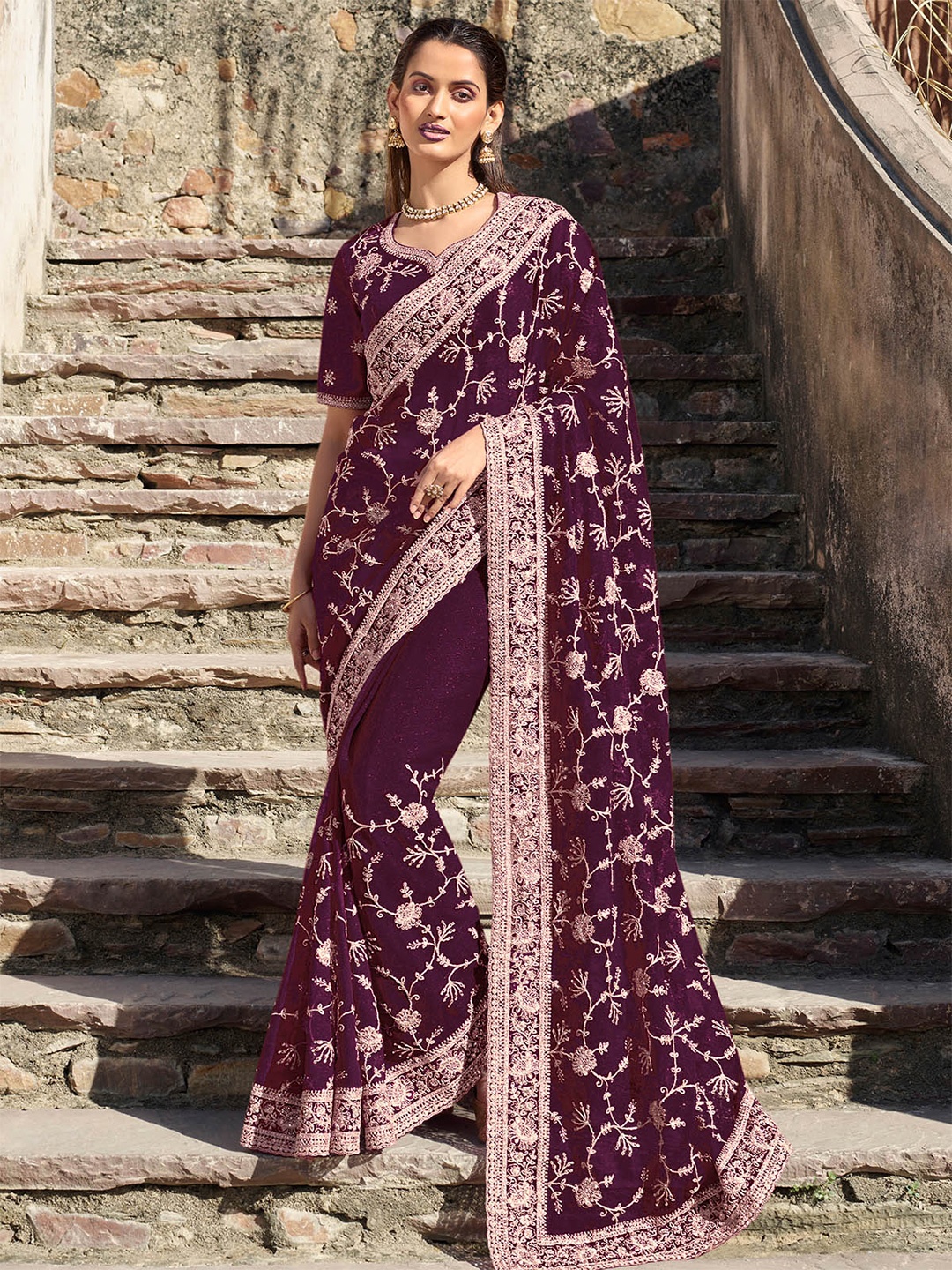 

ODETTE Floral Embroidered Saree, Purple