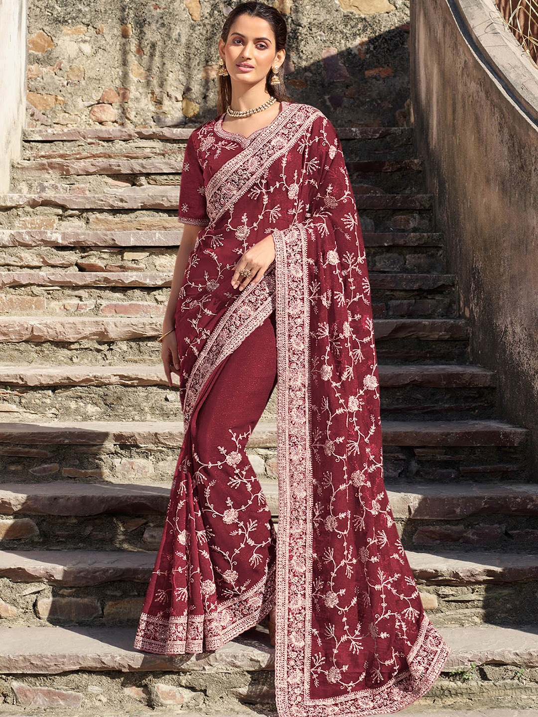 

ODETTE Floral Embroidered Saree, Maroon