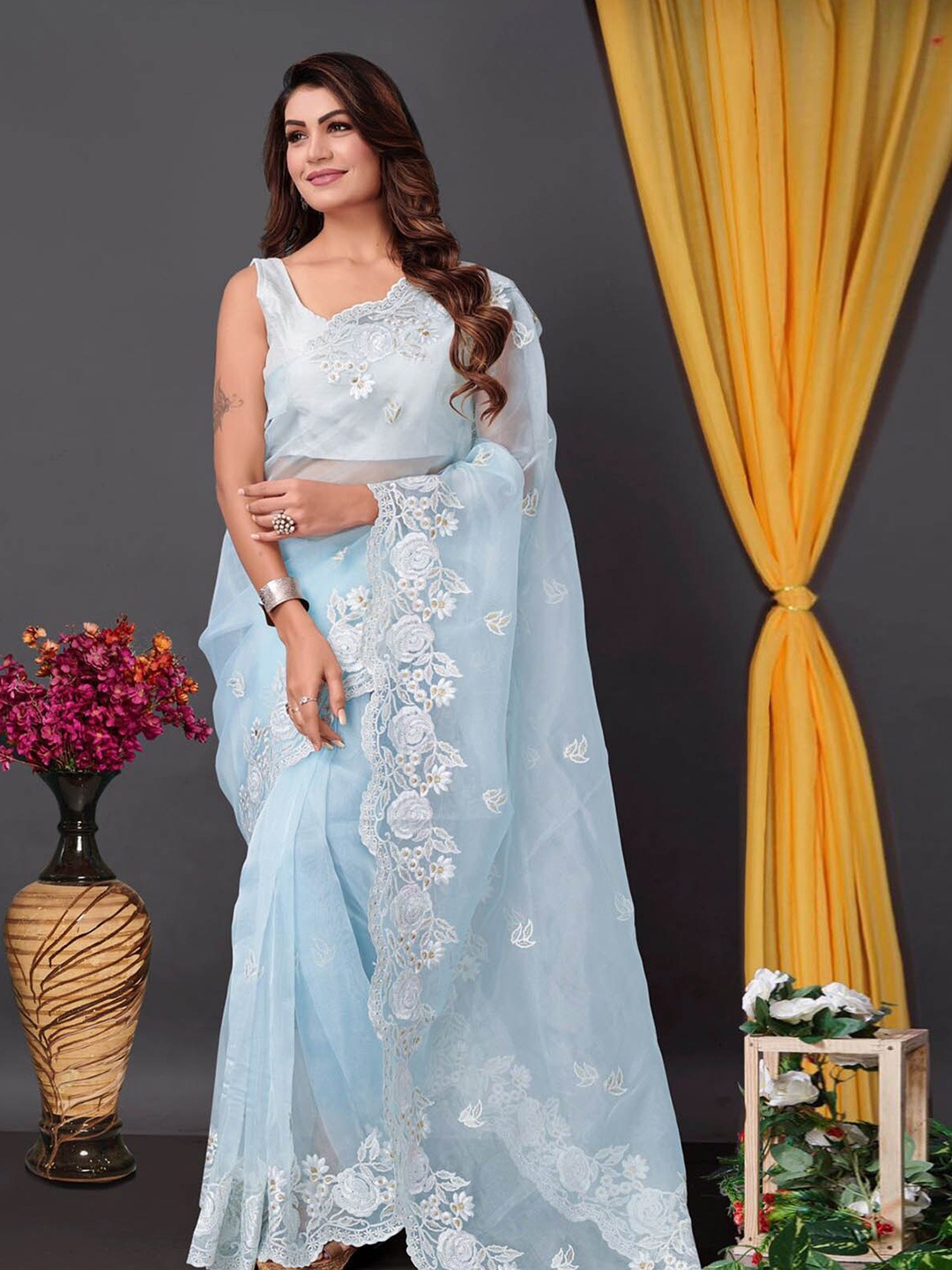 

ODETTE Floral Embroidered Organza Saree, Blue