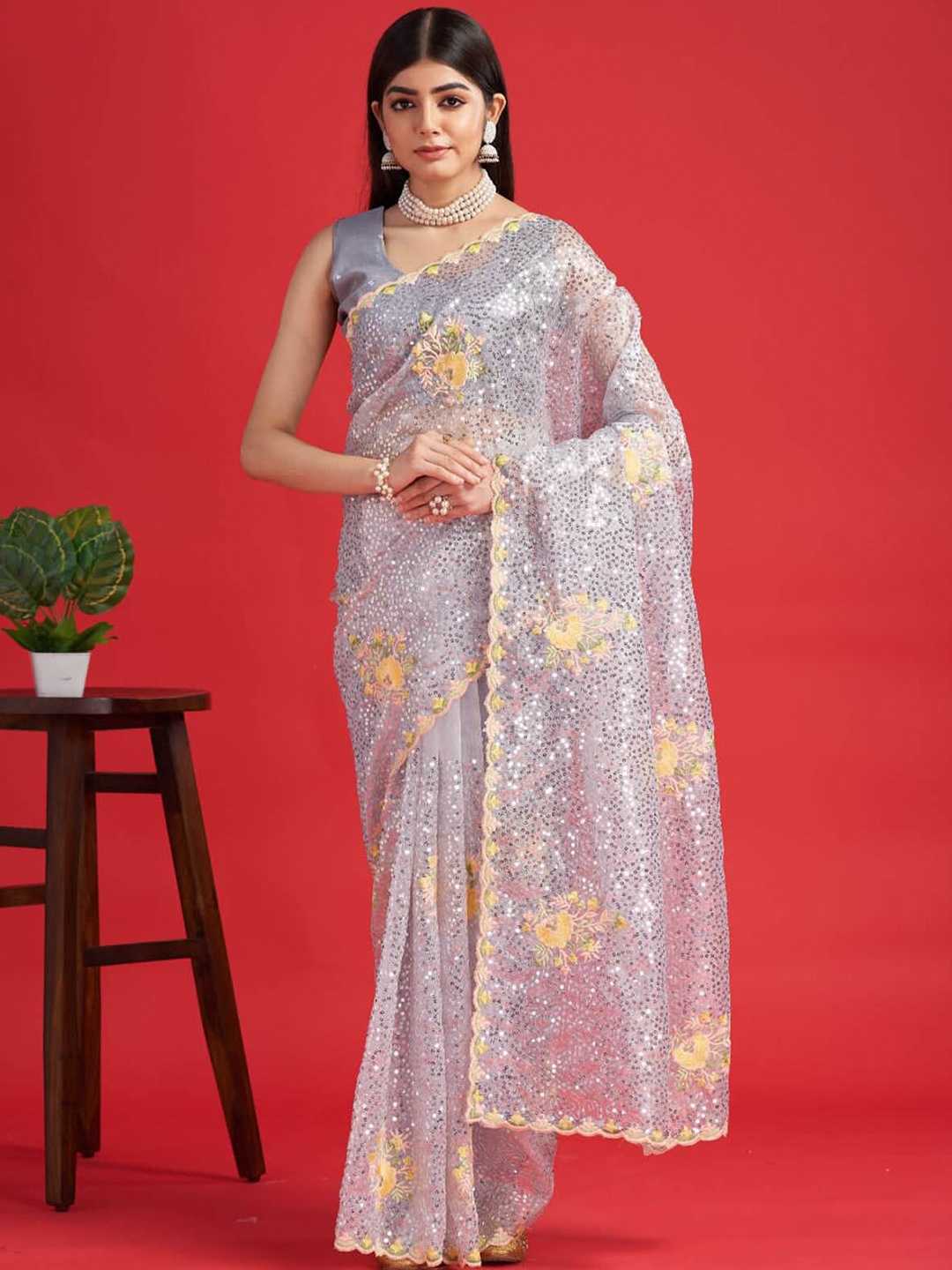 

ODETTE Embellished Sequinned Organza Saree, Grey