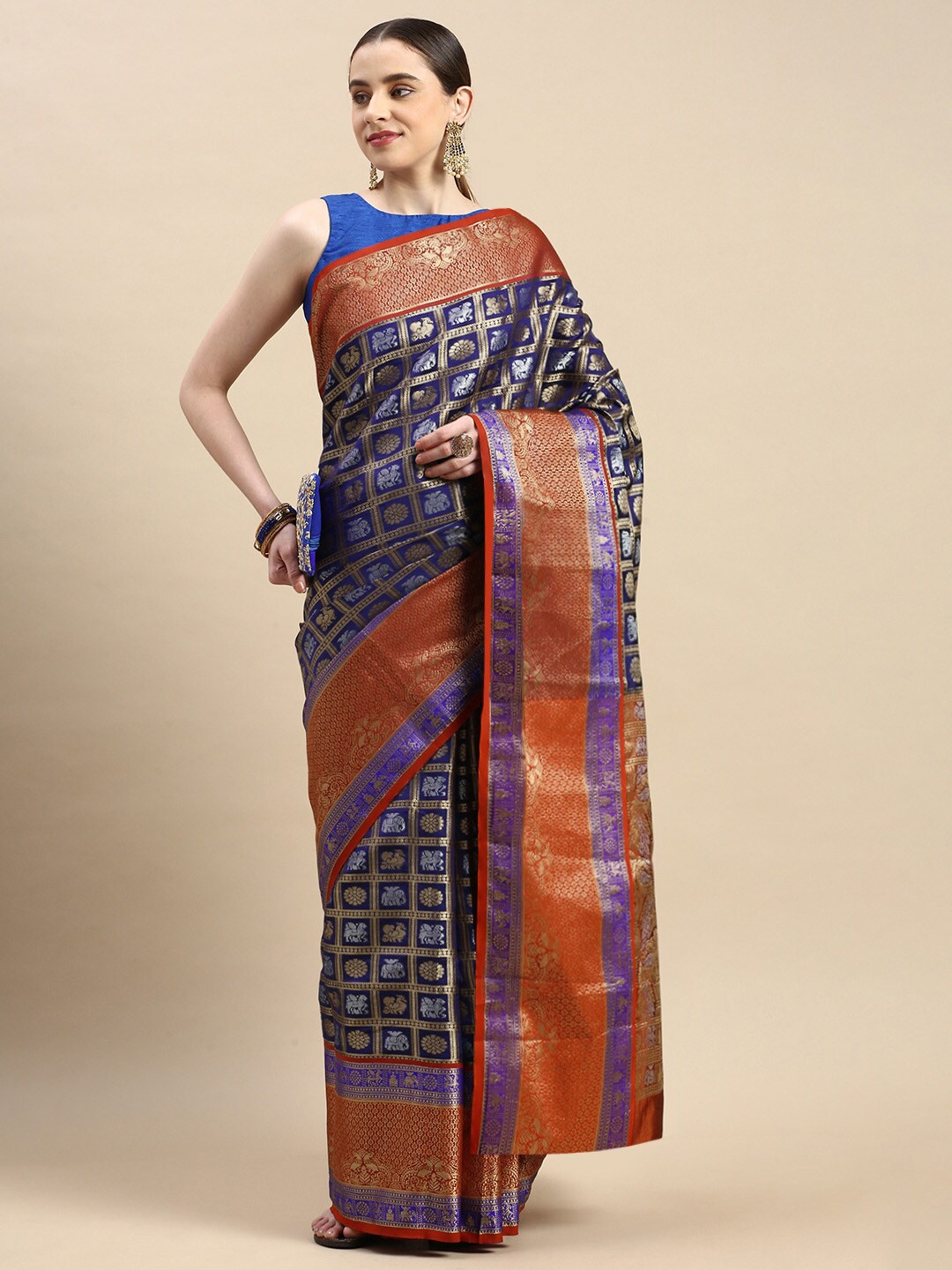 

SGF11 Woven Design Zari Pure Silk Kanjeevaram Saree, Blue