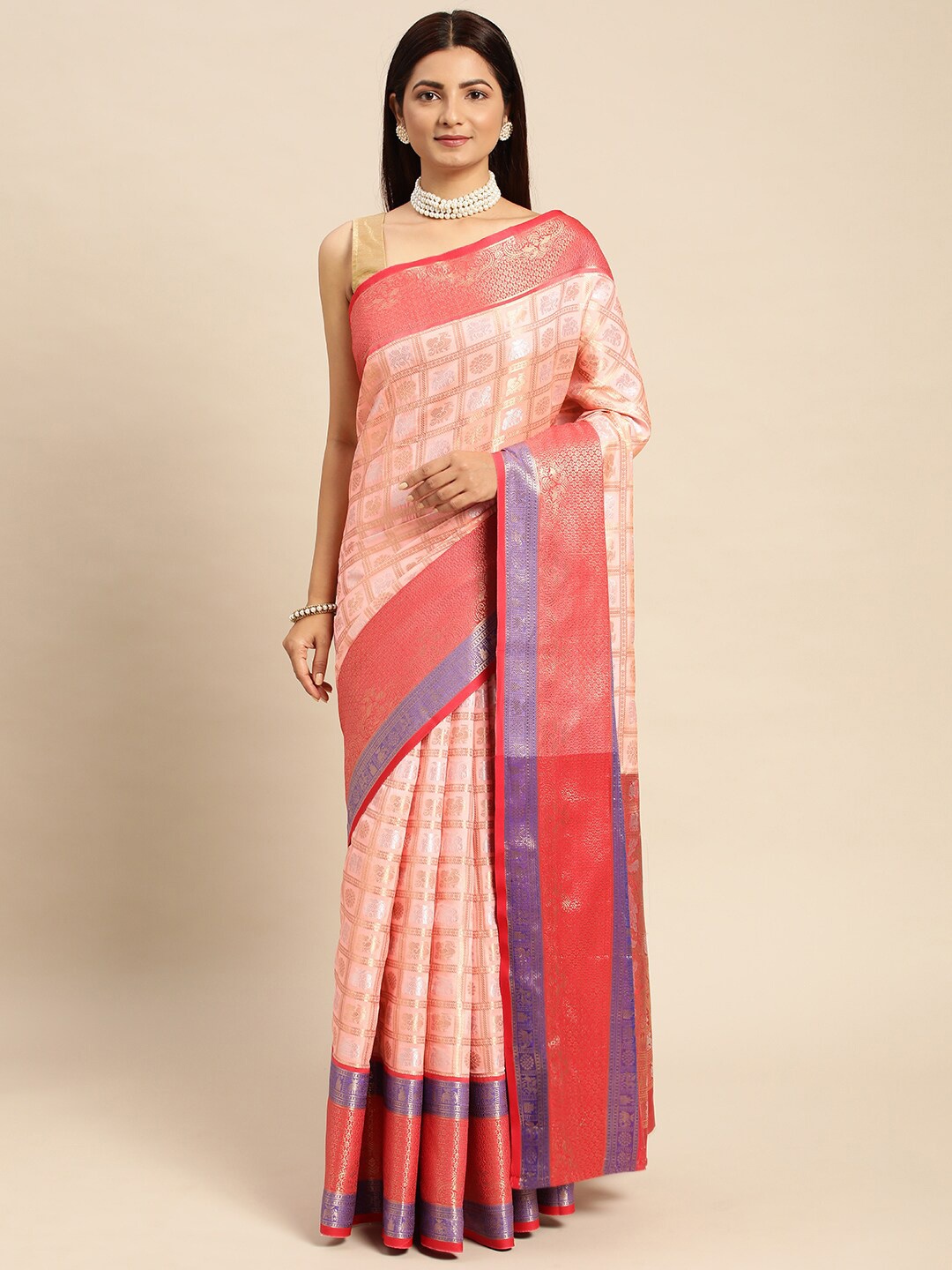 

SGF11 Woven Design Pure Zari Heavy Work Kanjeevaram Silk Saree, Pink