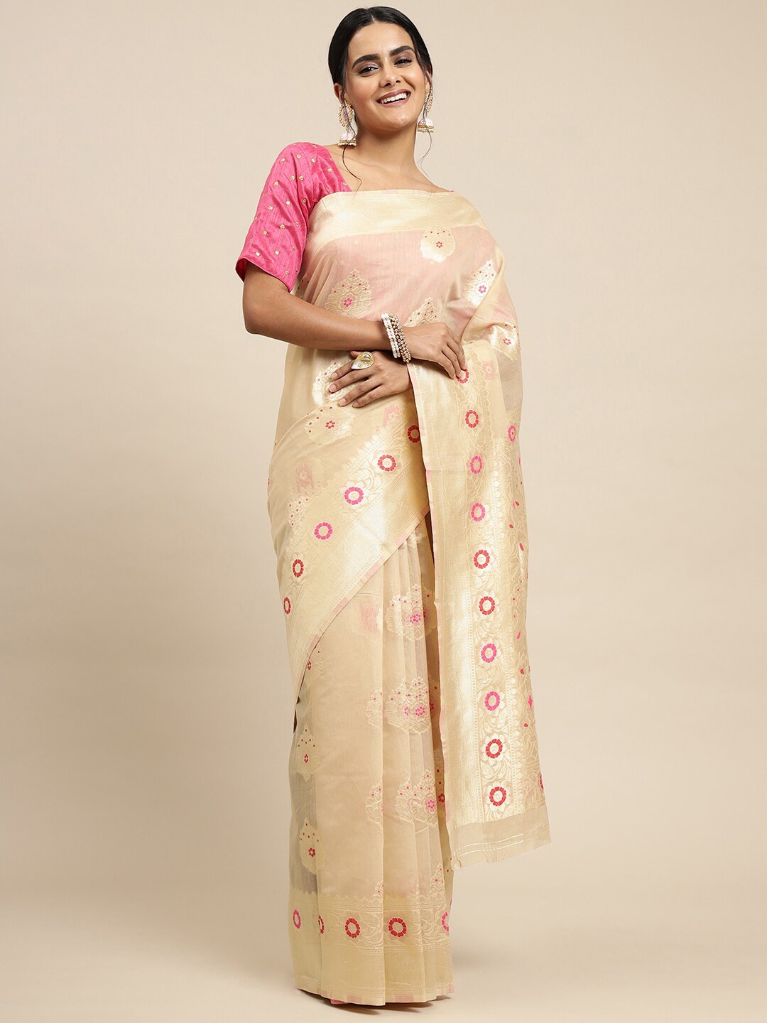 

SGF11 Woven Design Pure Zari Heavy Work Kanjeevaram Silk Saree, Off white