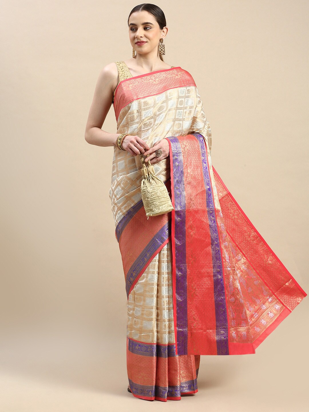 

SGF11 Woven Design Pure Zari Heavy Work Kanjeevaram Silk Saree, White