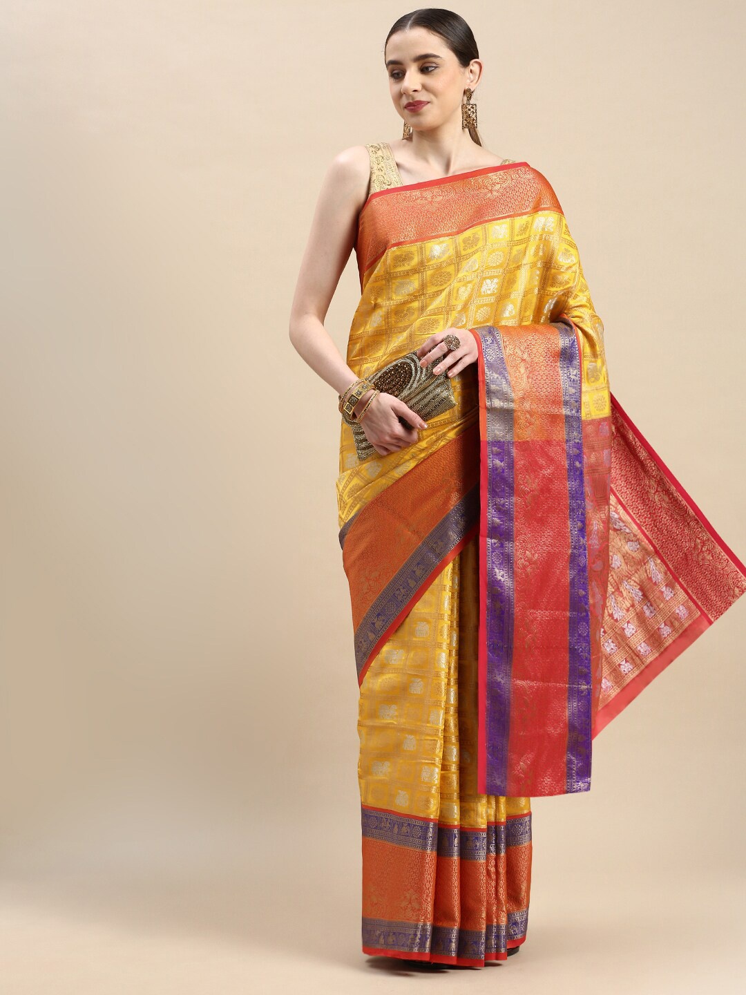 

SGF11 Woven Design Pure Zari Heavy Work Kanjeevaram Silk Saree, Yellow