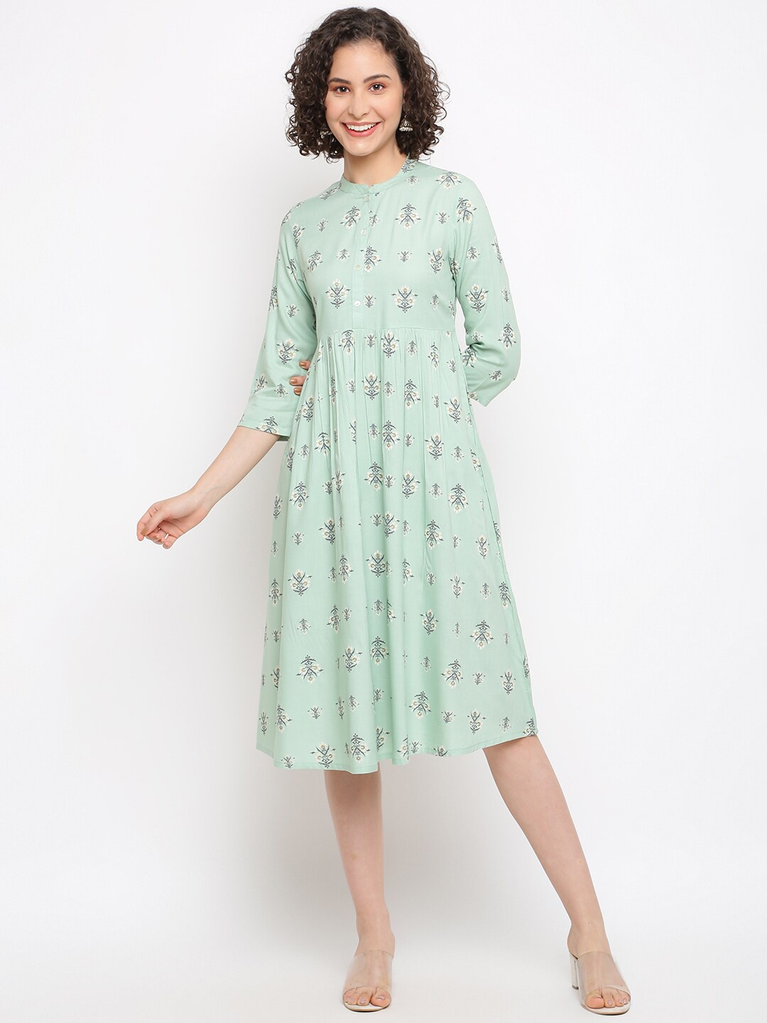 

IMARA Floral Printed Mandarin Collar A-Line Midi Dress, Green