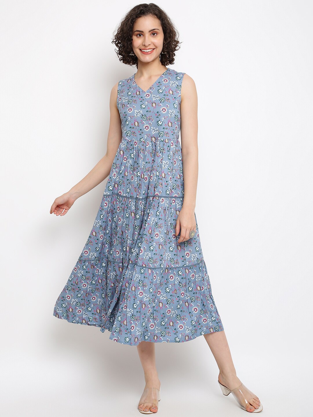 

IMARA Floral Printed Tiered A-Line Midi Dress, Blue