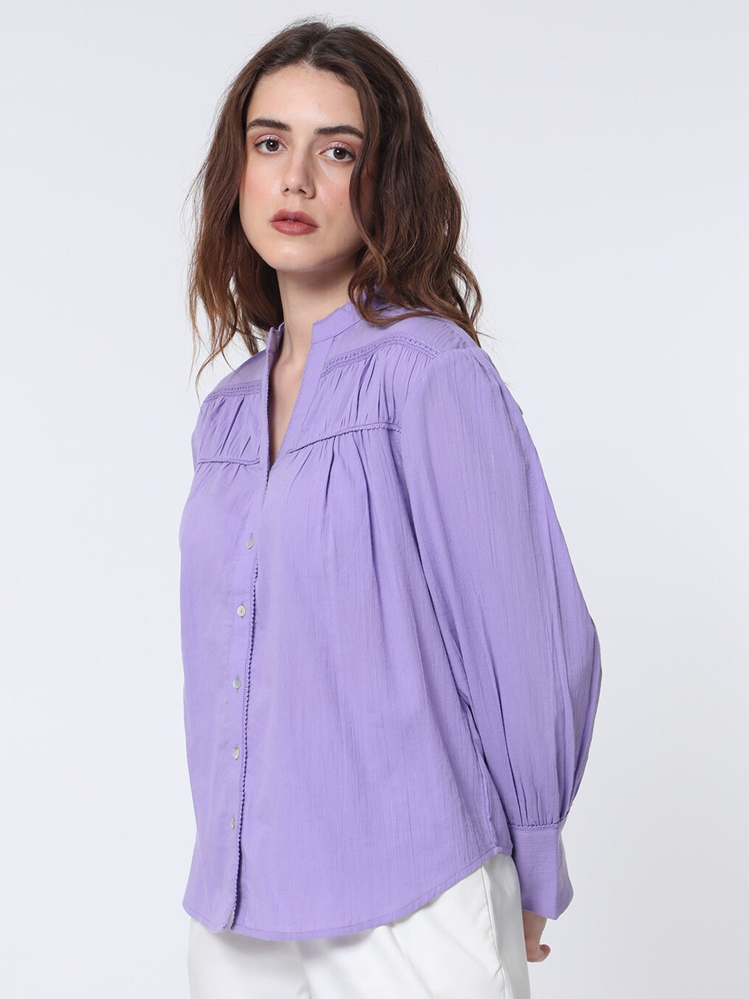 

RAREISM Mandarin Collar Cotton Shirt Style Top, Purple