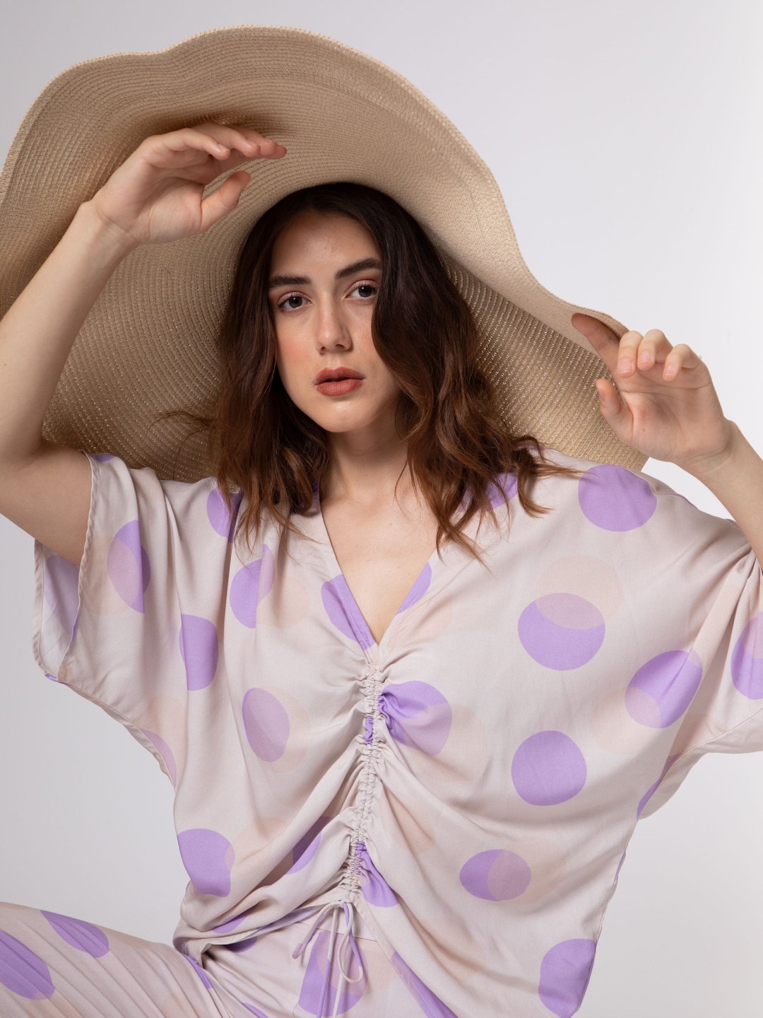 

RAREISM Polka Dots Printed Kimono Sleeves Ruched Top, Beige