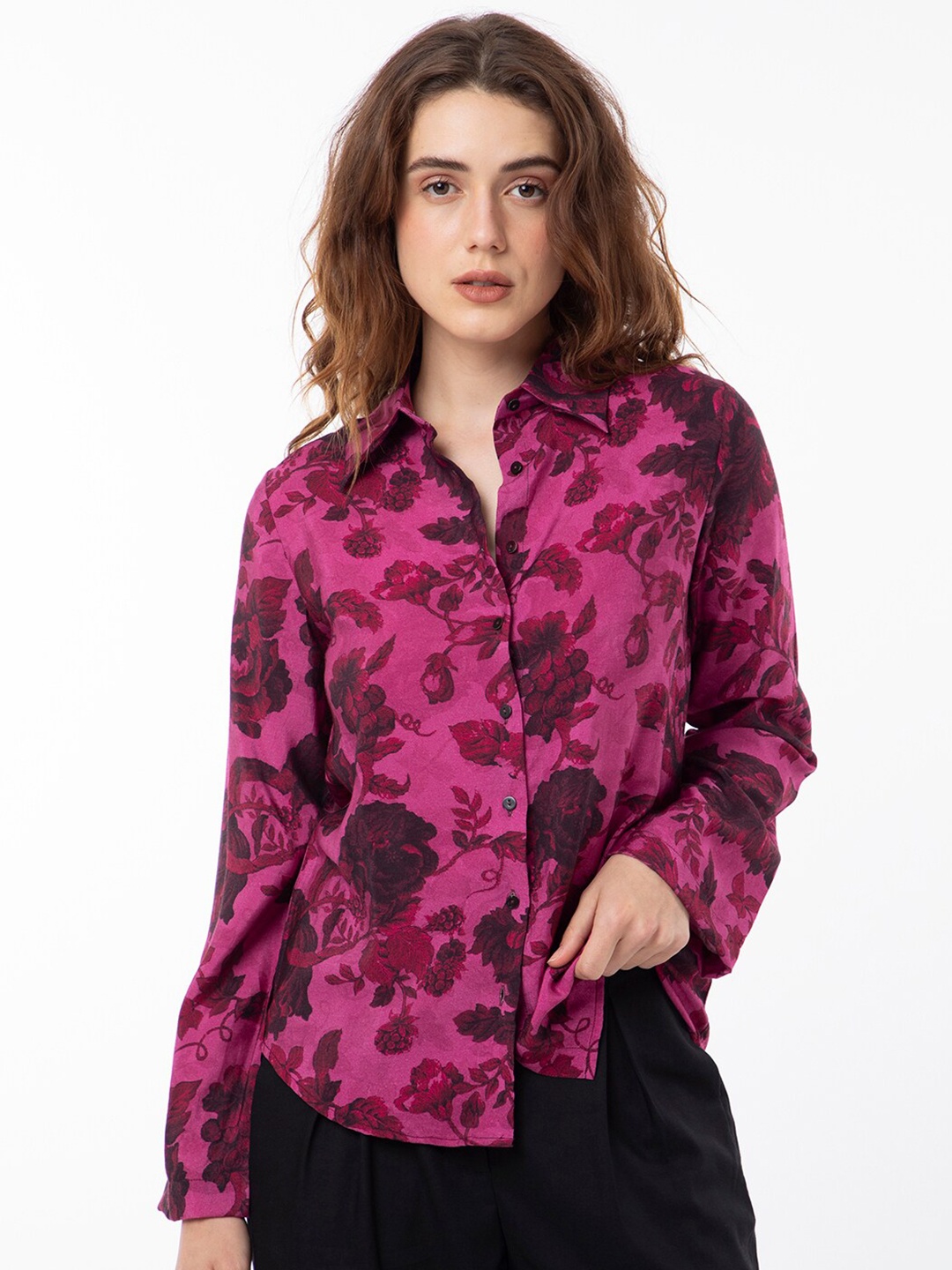 

RAREISM Floral Printed Shirt Style Top, Maroon