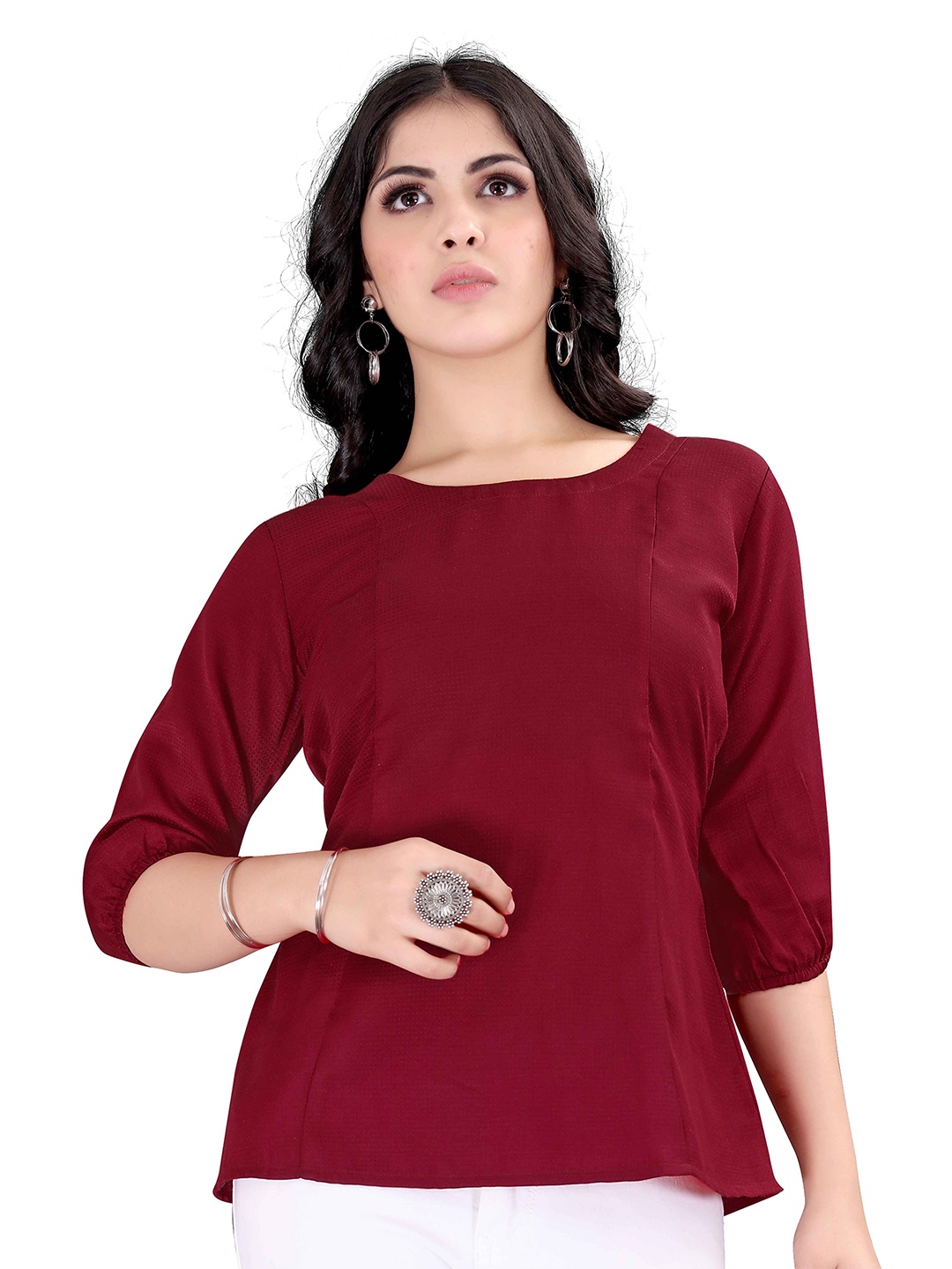 

Happy Design Round Neck Puff Sleeves Cotton Top, Red
