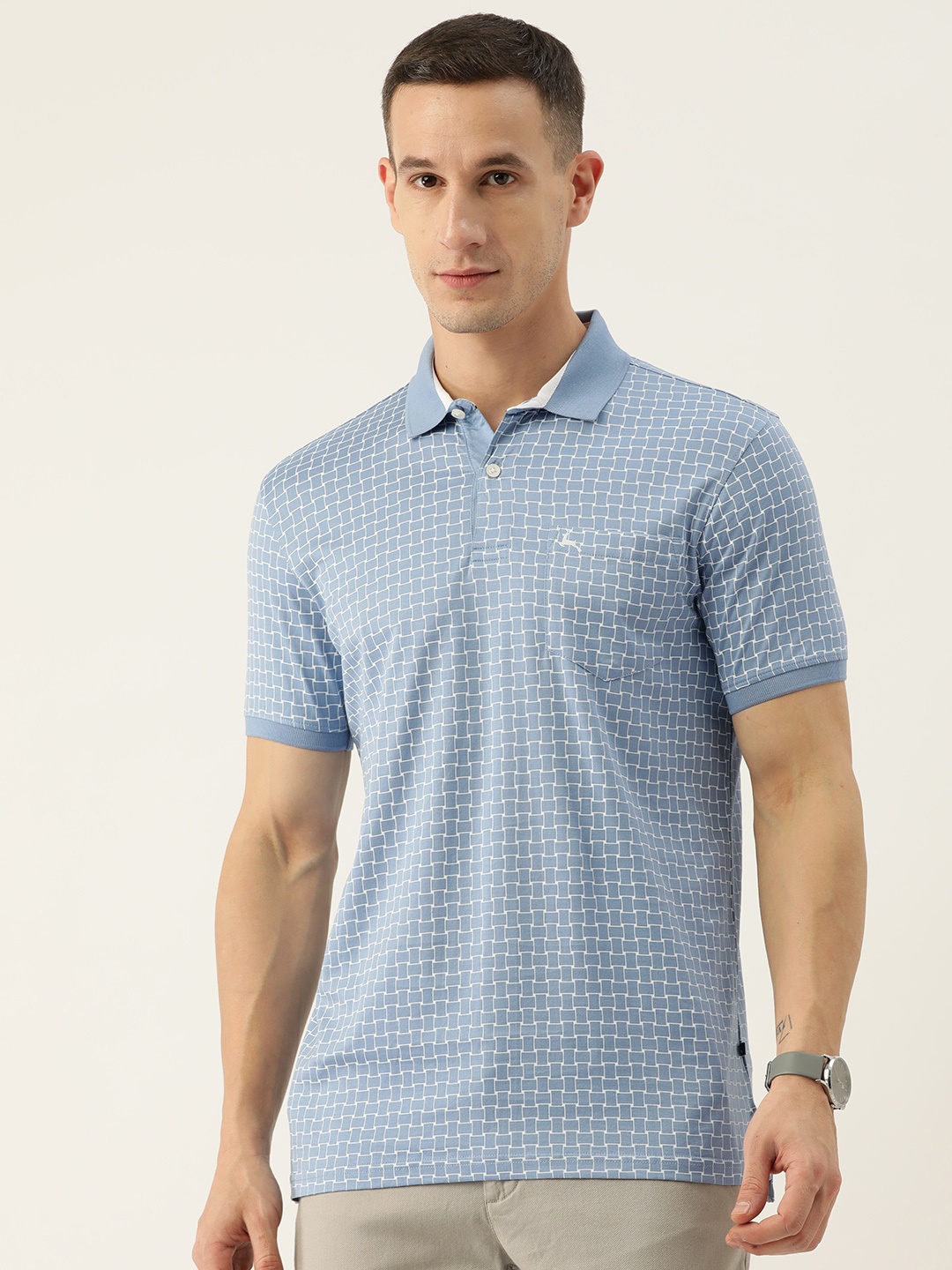 

Parx Casual Wear Collection Checked Print Polo Collar Pure Cotton T-shirt, Blue