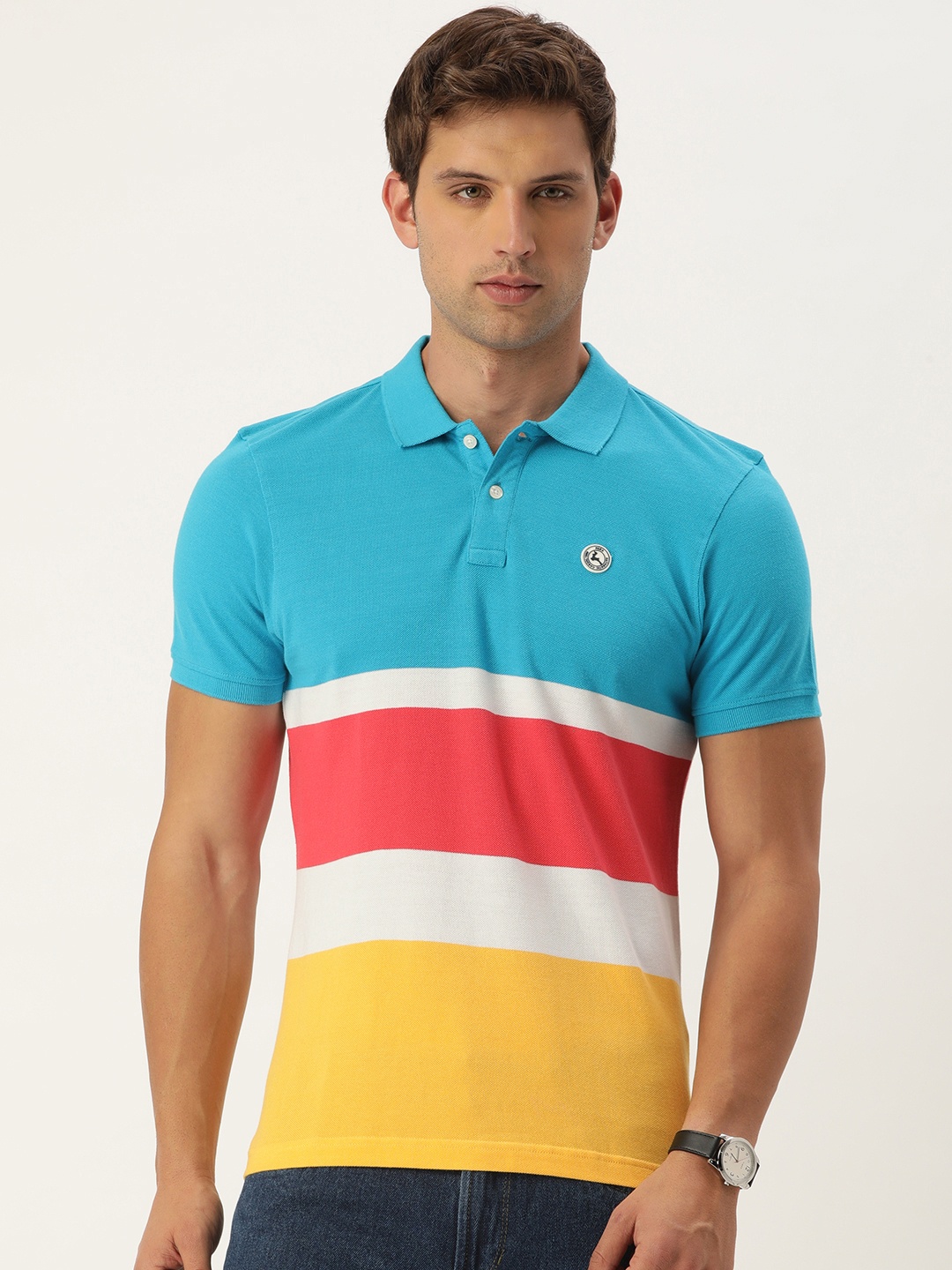 

Parx Colourblocked Polo Collar Pure Cotton T-shirt, Blue