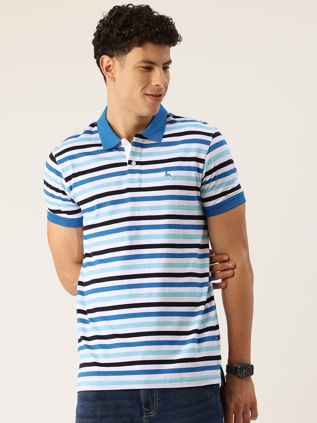 

Parx Pure Cotton Striped Polo Collar T-shirt, Blue