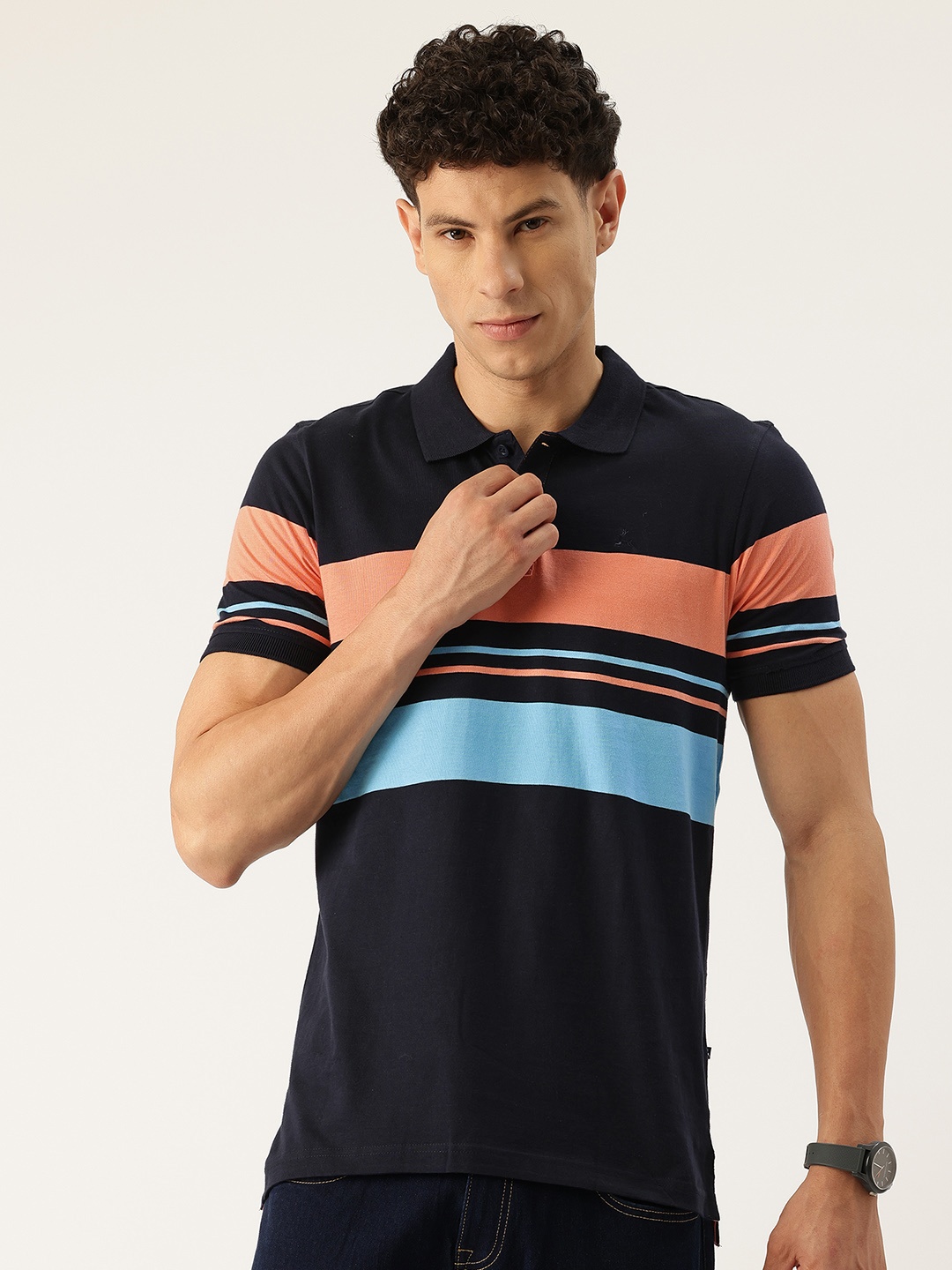 

Parx Striped Polo Collar Pure Cotton T-shirt, Navy blue