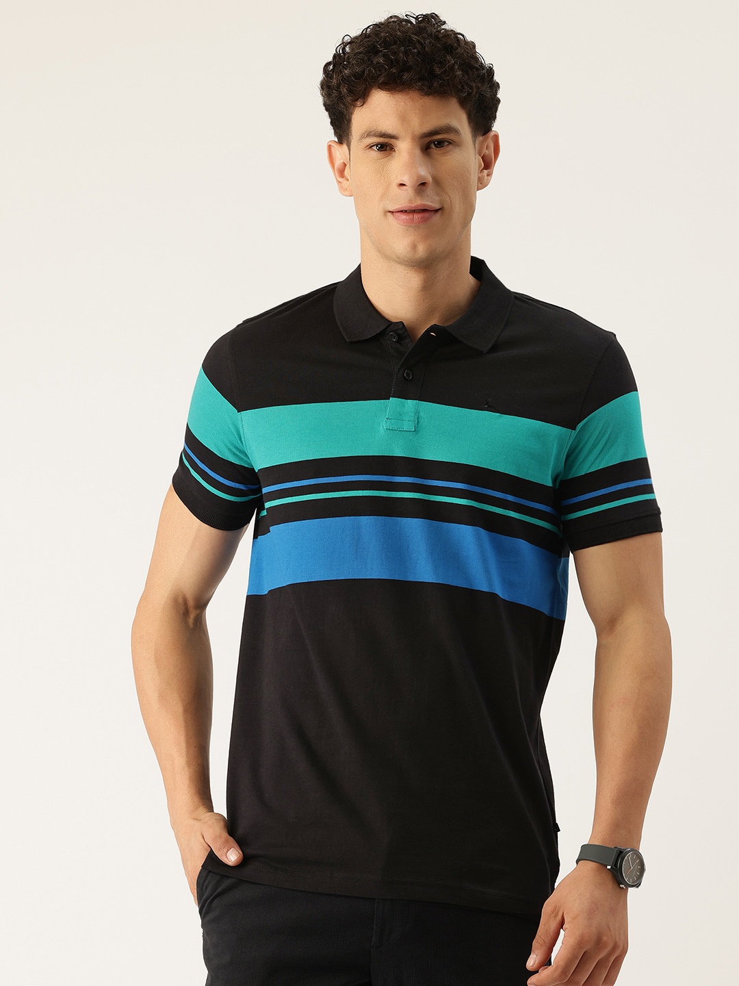 

Parx Striped Polo Collar Pure Cotton T-shirt, Black