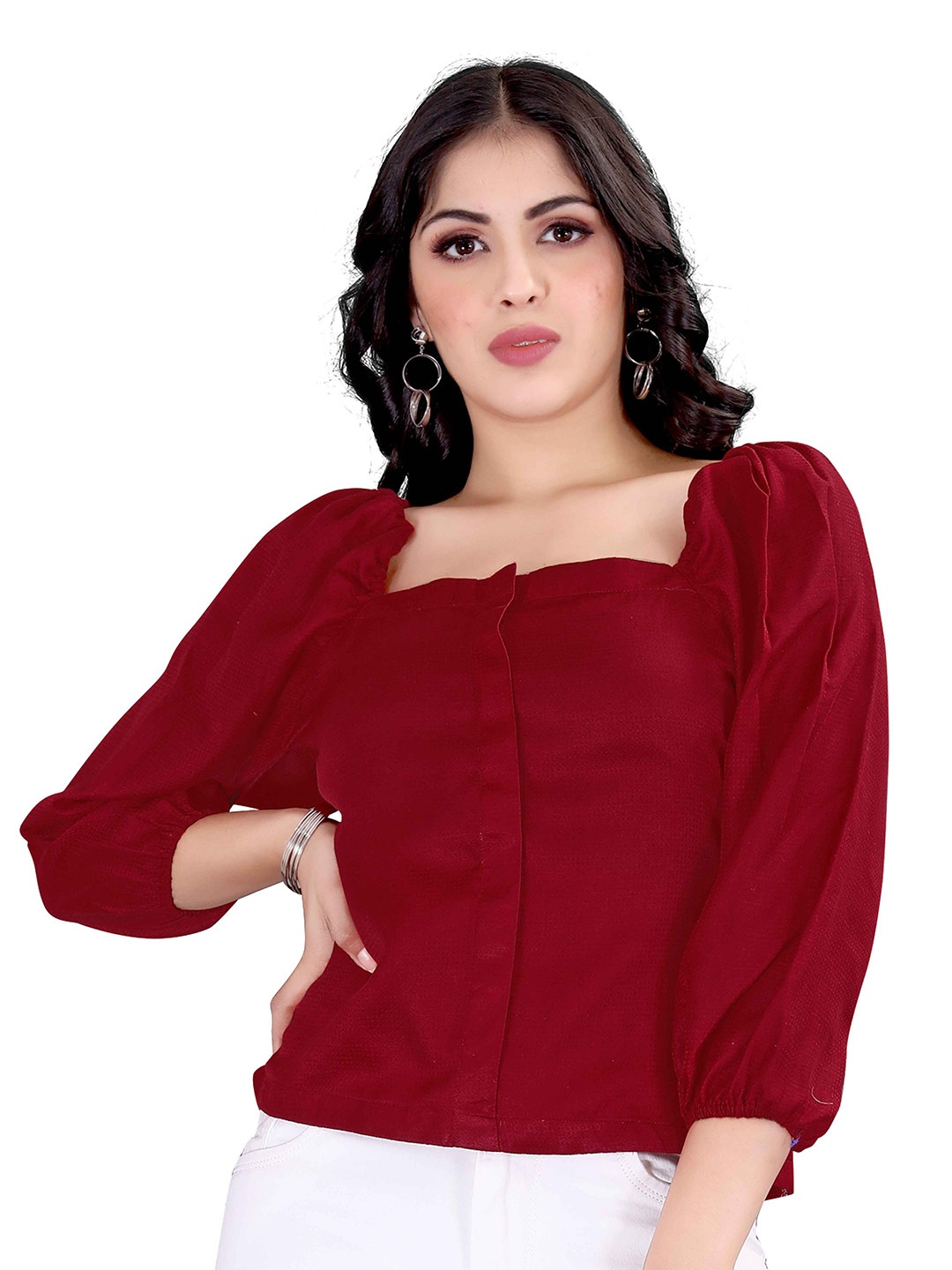 

Happy Design Puff Sleeves Square Neck Cotton Top, Red