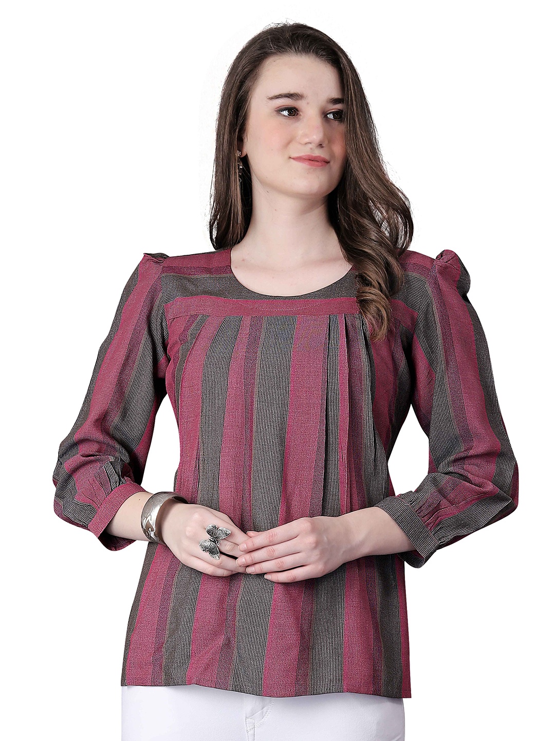 

Happy Design Striped Puff Sleeves Cotton Top, Pink