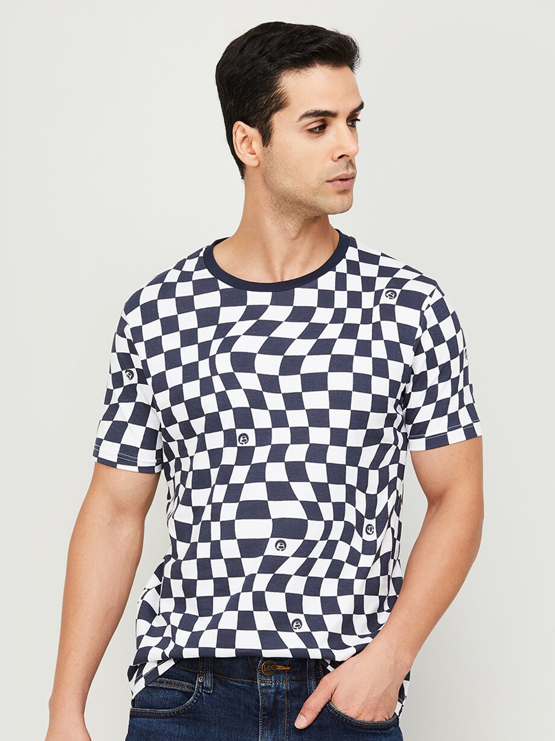 

Bossini Checked Monochrome Cotton Casual T-shirt, Navy blue