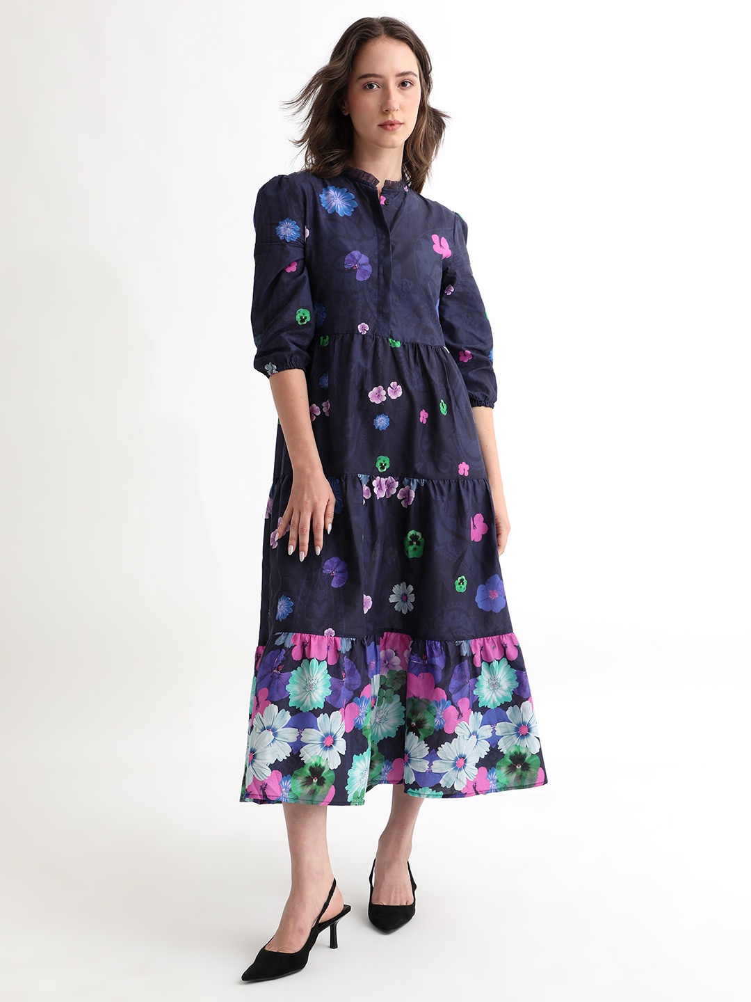 

RAREISM Floral Printed High neck Cotton Tiered Fit & Flare Midi Dress, Navy blue