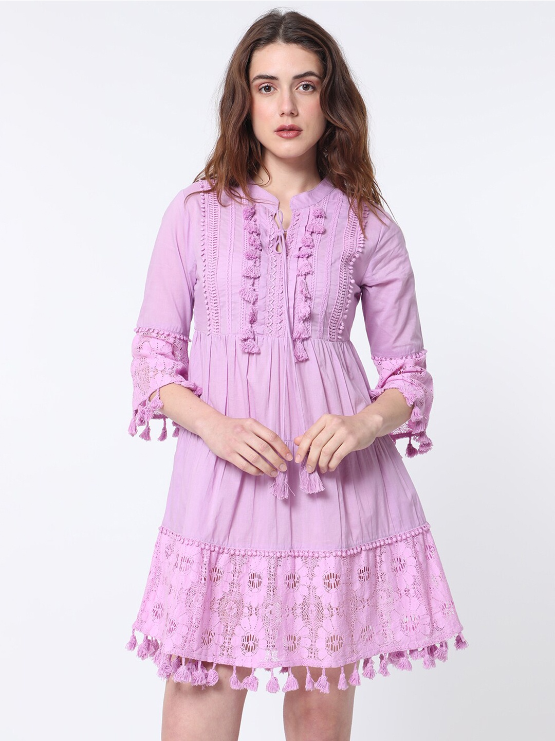 

RAREISM Band Collar Bell Sleeve Tie-Up Detail Cotton Lace Tiered Fit & Flare Dress, Purple