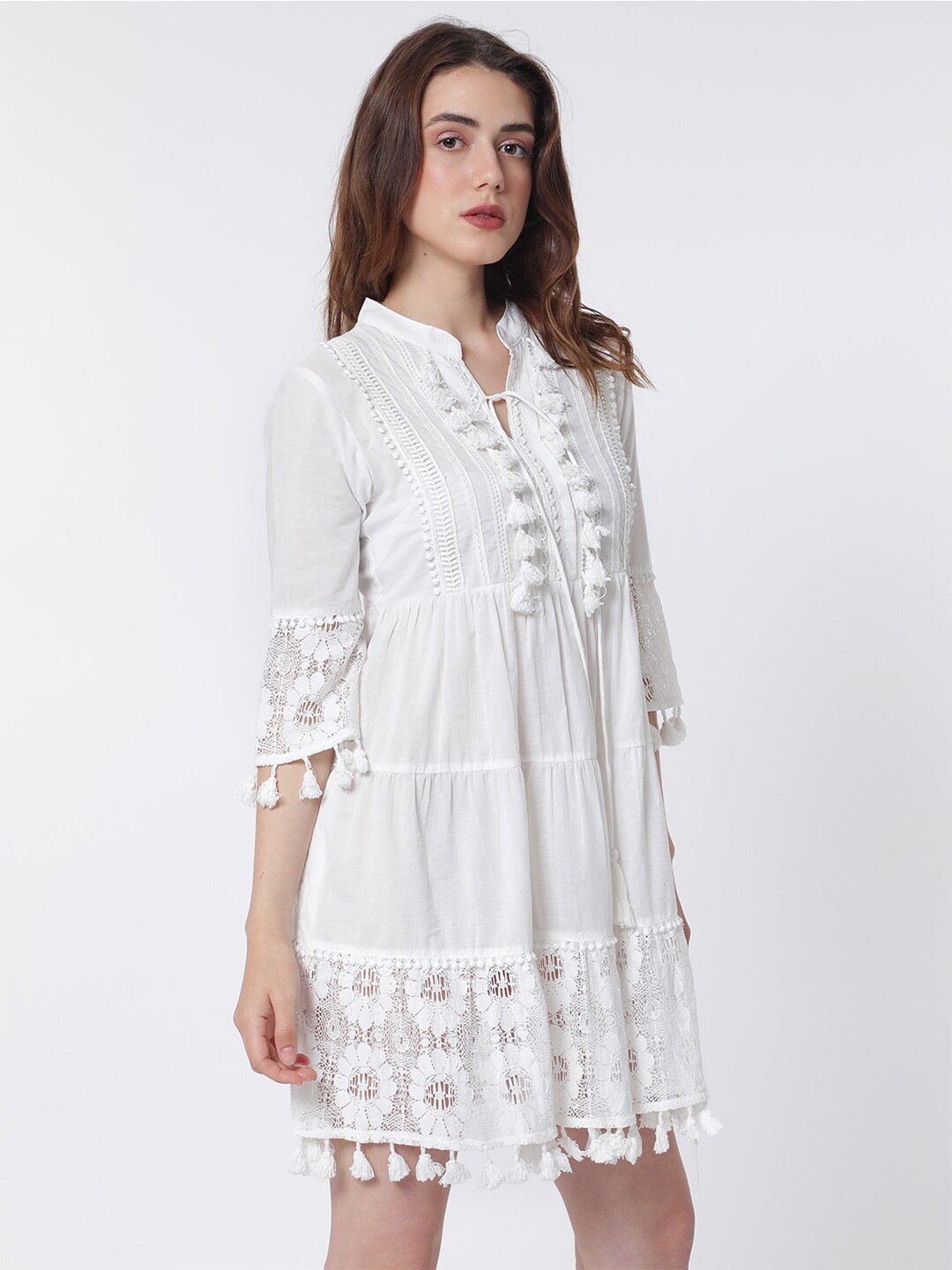 

RAREISM Band Collar Bell Sleeve Tie-Up Detail Cotton Fit & Flare Dress, White