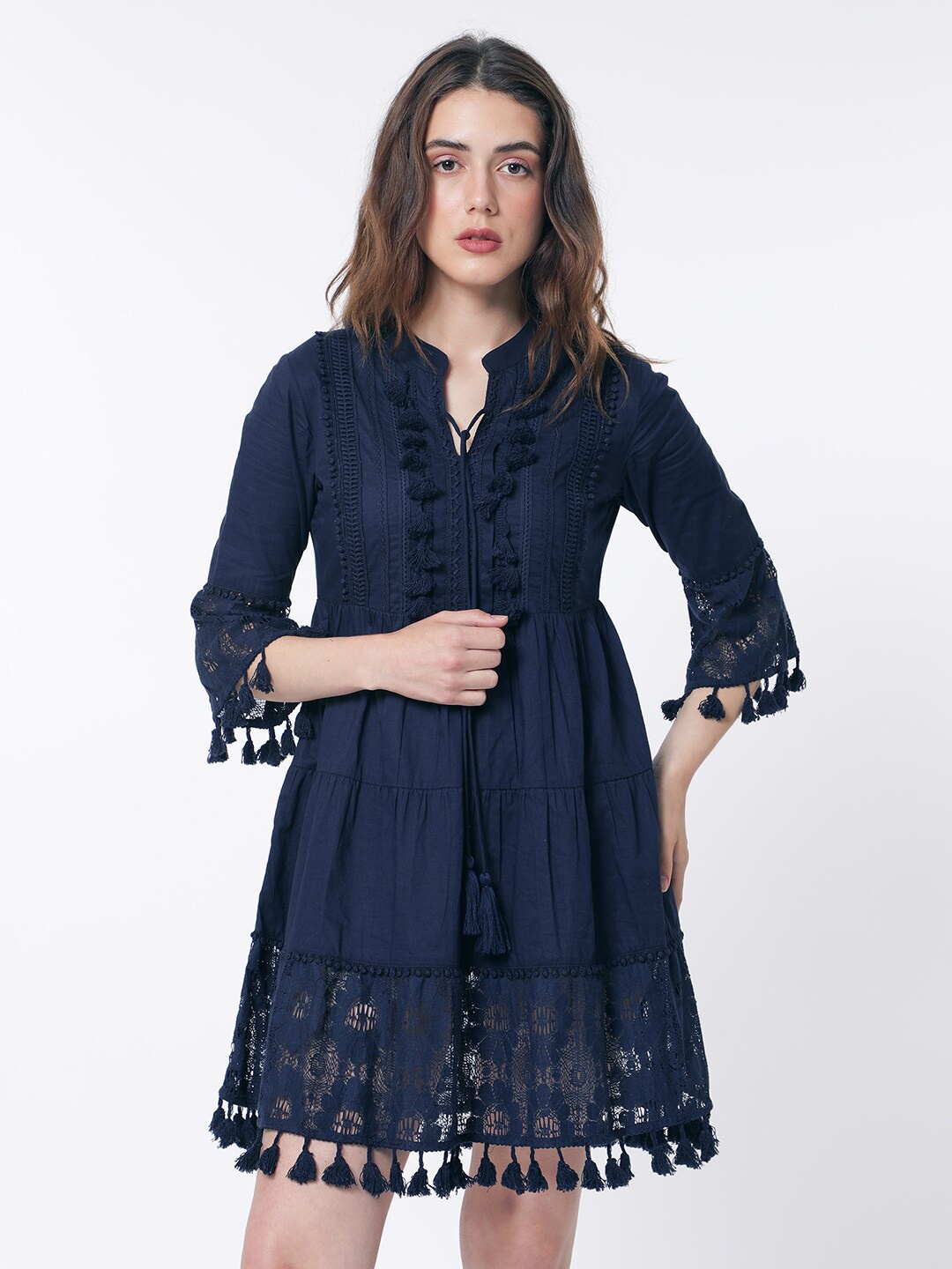 

RAREISM Band Collar Bell Sleeve Tie-Up Detail Cotton Fit & Flare Dress, Navy blue