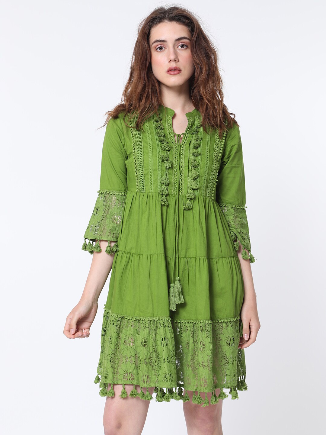 

RAREISM Cotton Lace Tier Fit & Flare Dress, Green