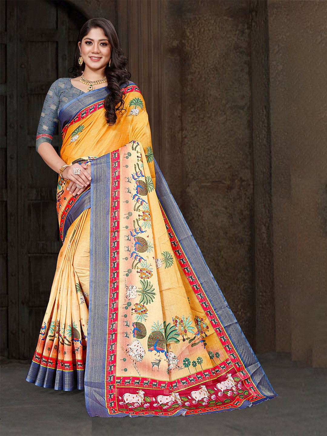 

all about you Floral Printed Silk Cotton Saree, Mustard