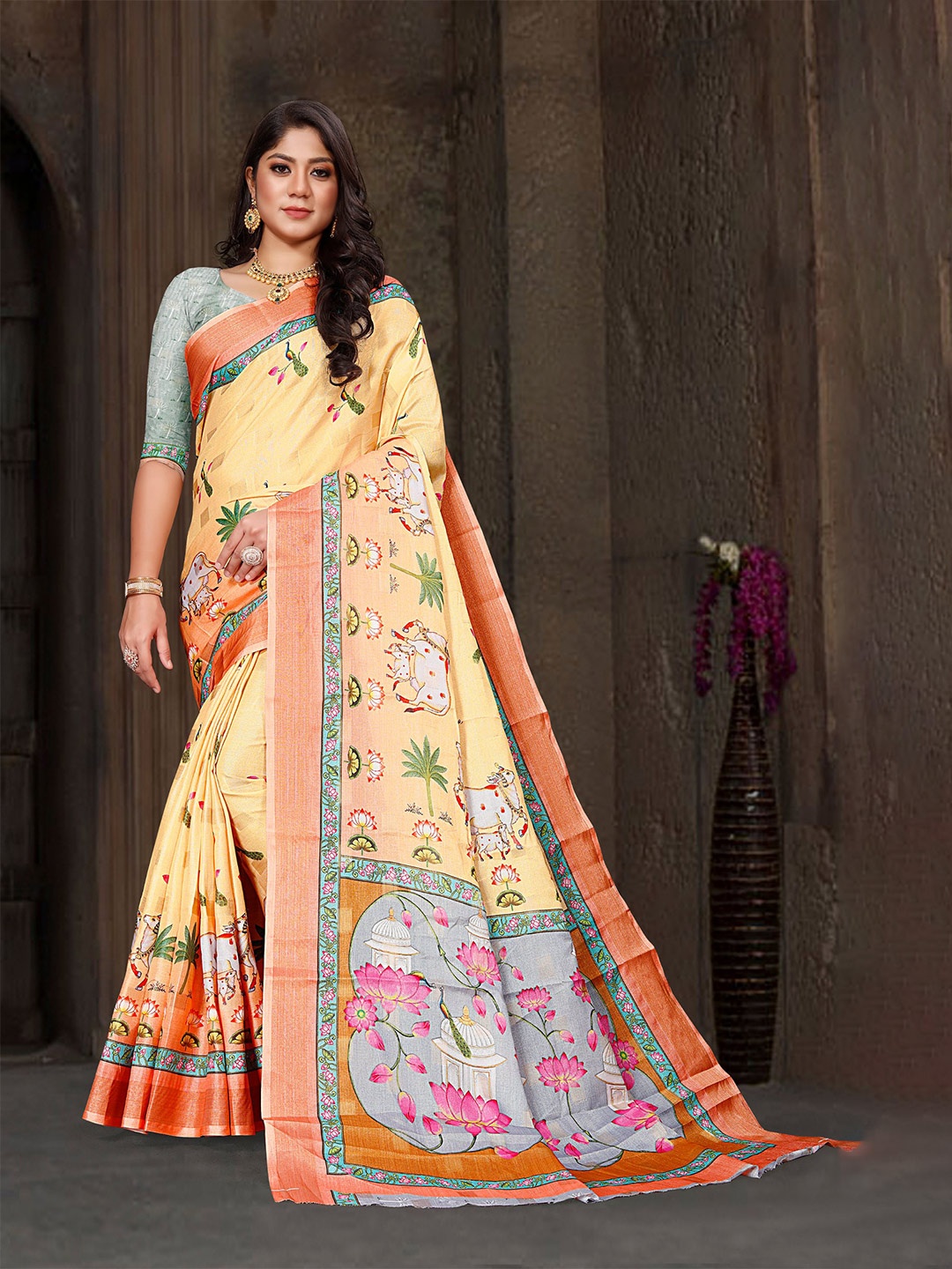 

all about you Ethnic Motifs Printed Silk Cotton Saree, Yellow