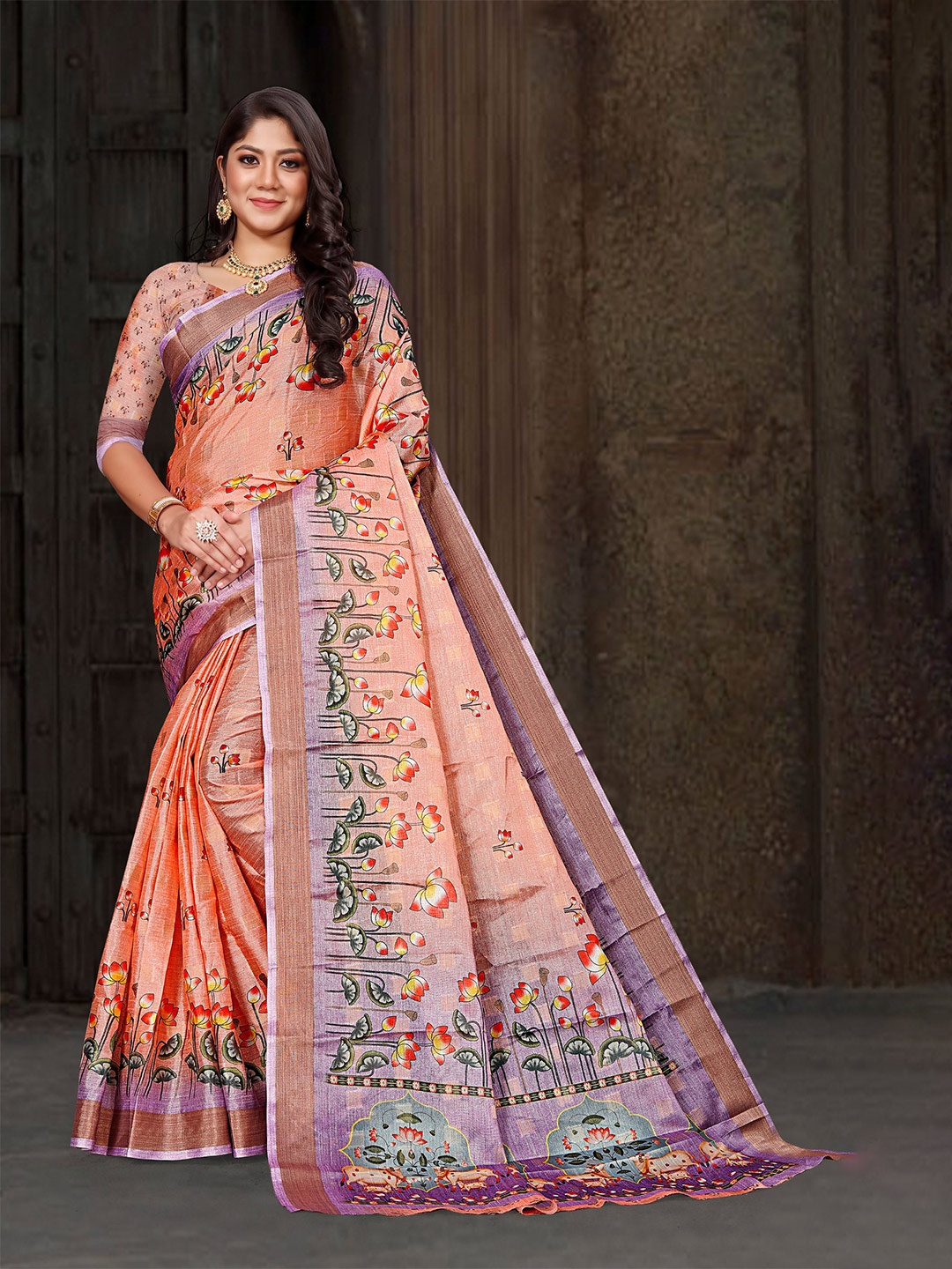 

all about you Floral Printed Zari Silk Cotton Saree, Peach