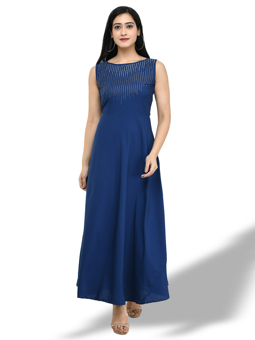 

OCEANISTA Embellished Boat Neck Maxi Fit & Flare Dress, Navy blue