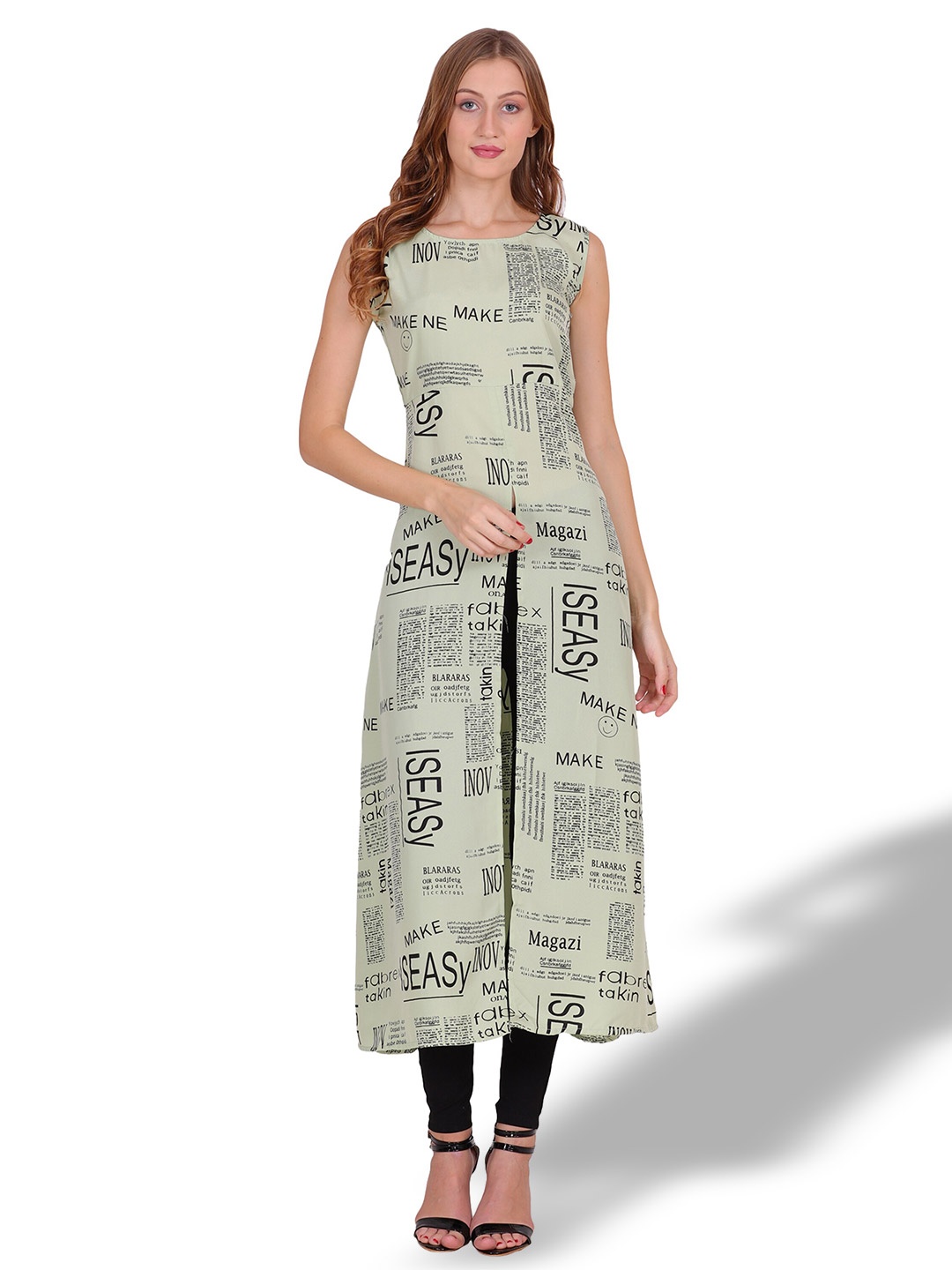 

OCEANISTA Alphanumeric Printed Sleeveless A-Line Kurta, Lime green