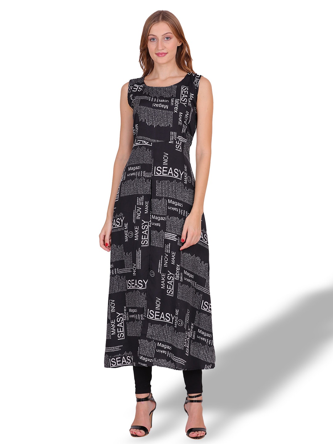 

OCEANISTA Typography Printed Round Neck A-Line Dress, Black