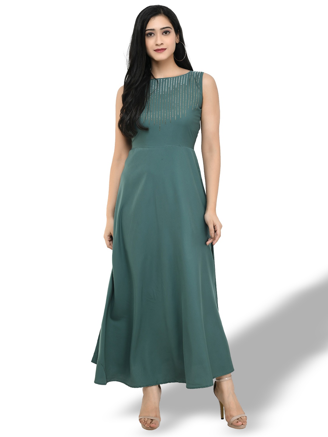 

OCEANISTA Embellished Round Neck Sleeveless A-Line Dress, Green