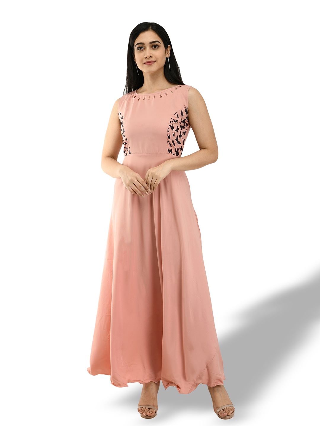 

OCEANISTA Conversational Printed Cut-Out Detail Maxi Fit & Flare Dress, Peach