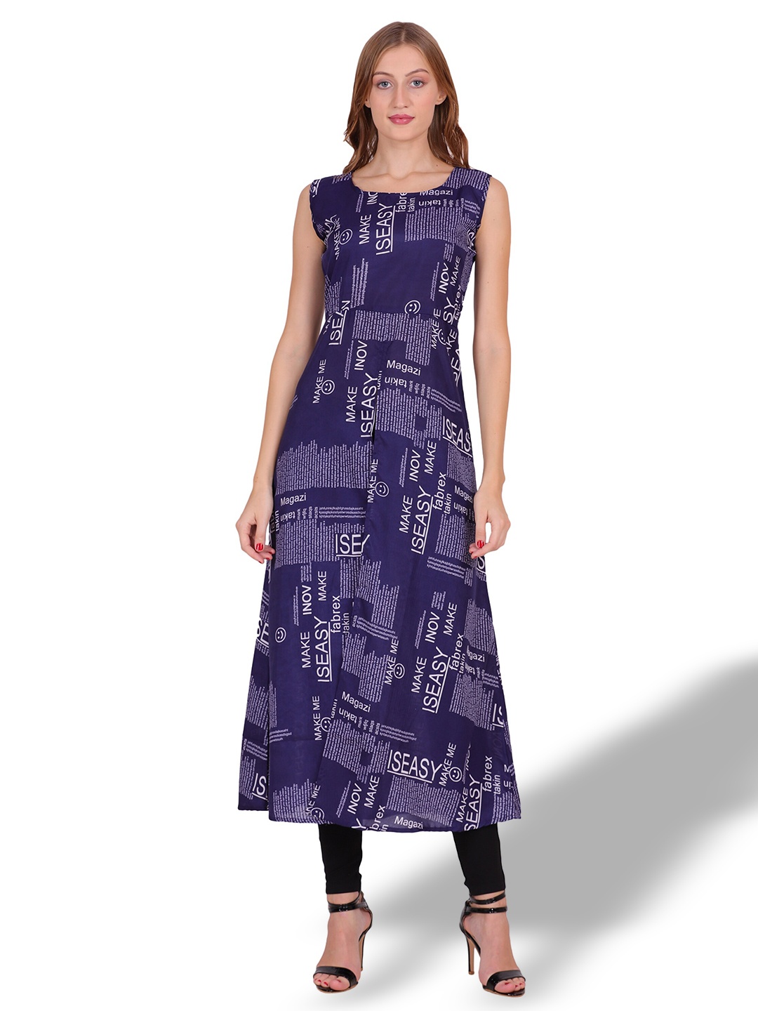 

OCEANISTA Typography Printed Round Neck A-Line Dress, Navy blue