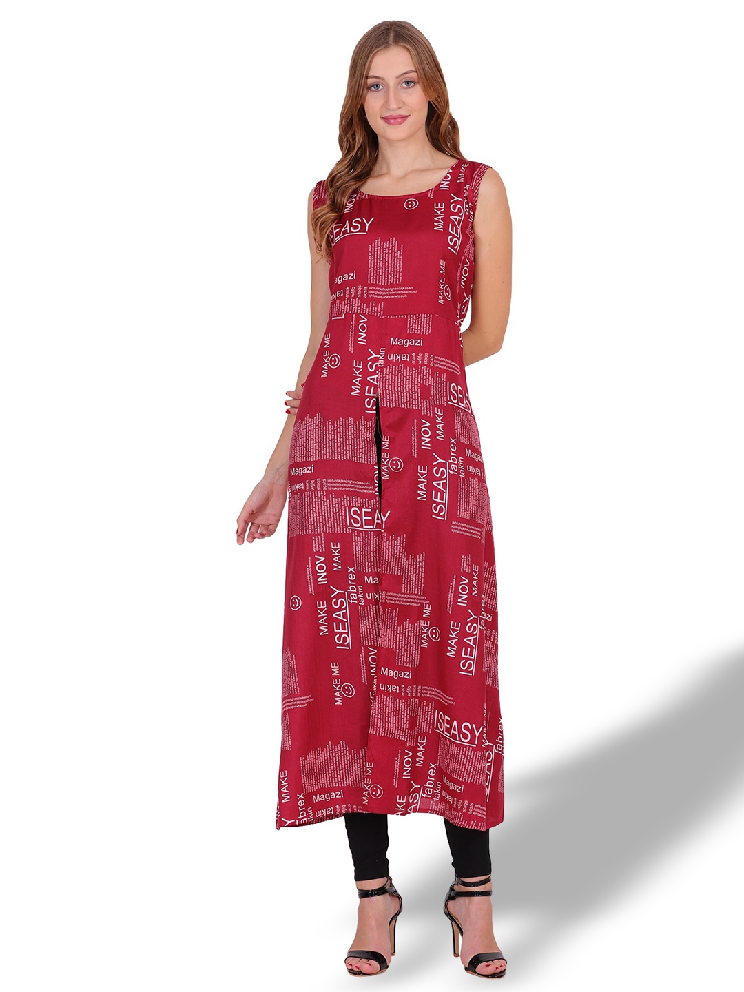 

OCEANISTA Typography Printed Round Neck A-Line Dress, Maroon