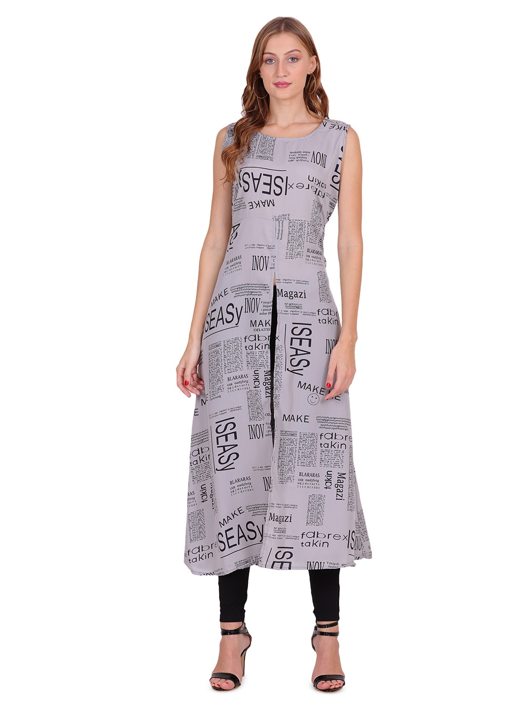 

OCEANISTA Typography Printed Round Neck A-Line Dress, Grey