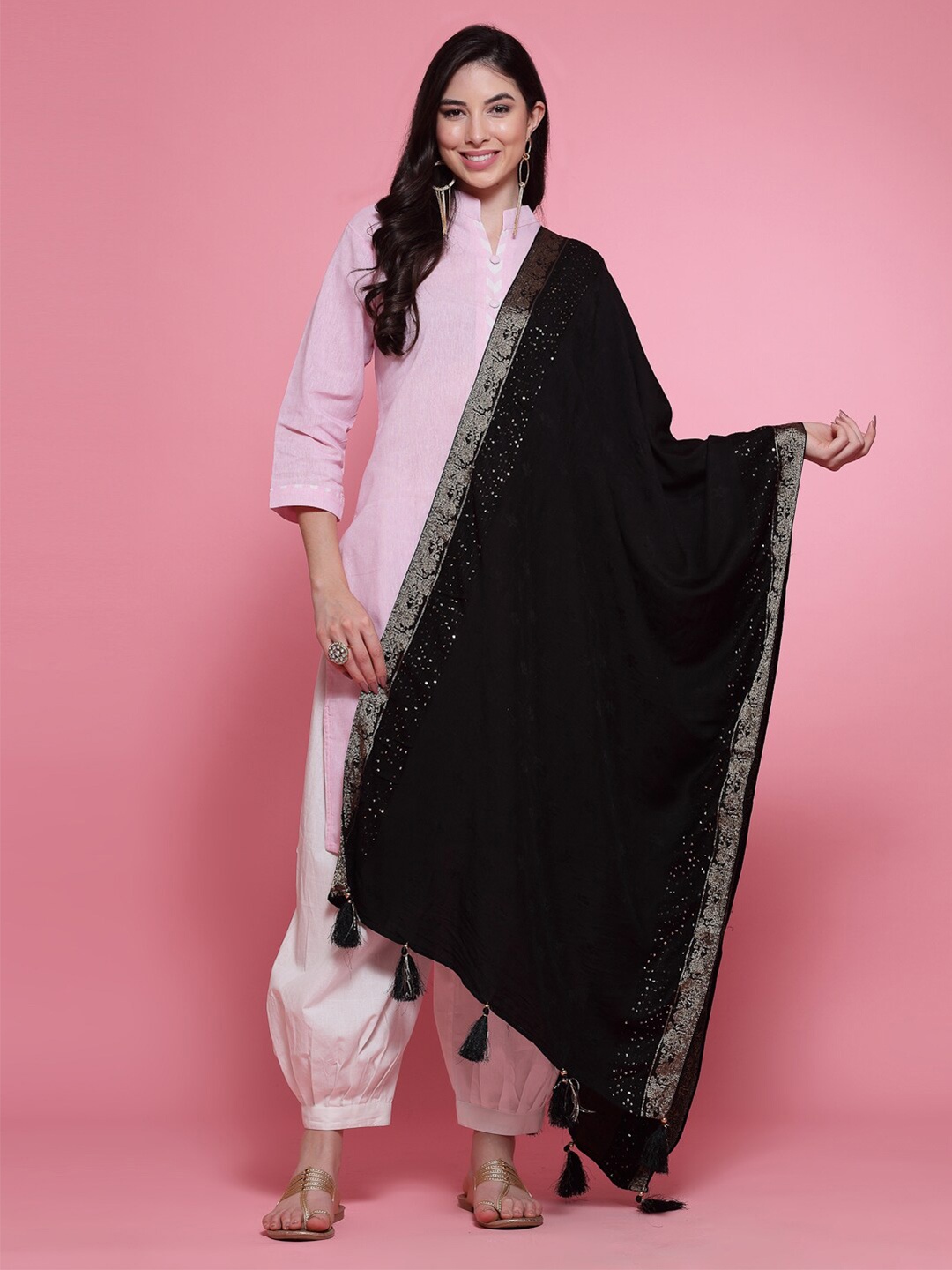 

Clora Creation Floral Woven Design Sequinned Tasseled Dupatta, Black