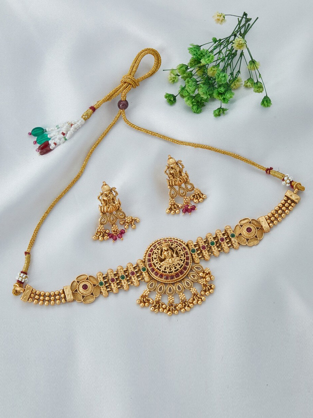 

ROFARWORD Gold-Plated Stone Studded & Beaded Temple Necklace and Earrings