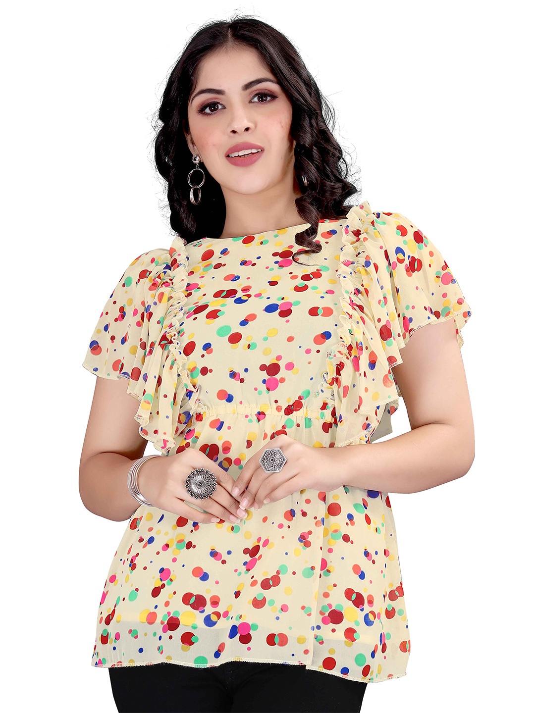 

Happy Design Geometric Printed Flutter Sleeves Cinched Waist Top, Yellow