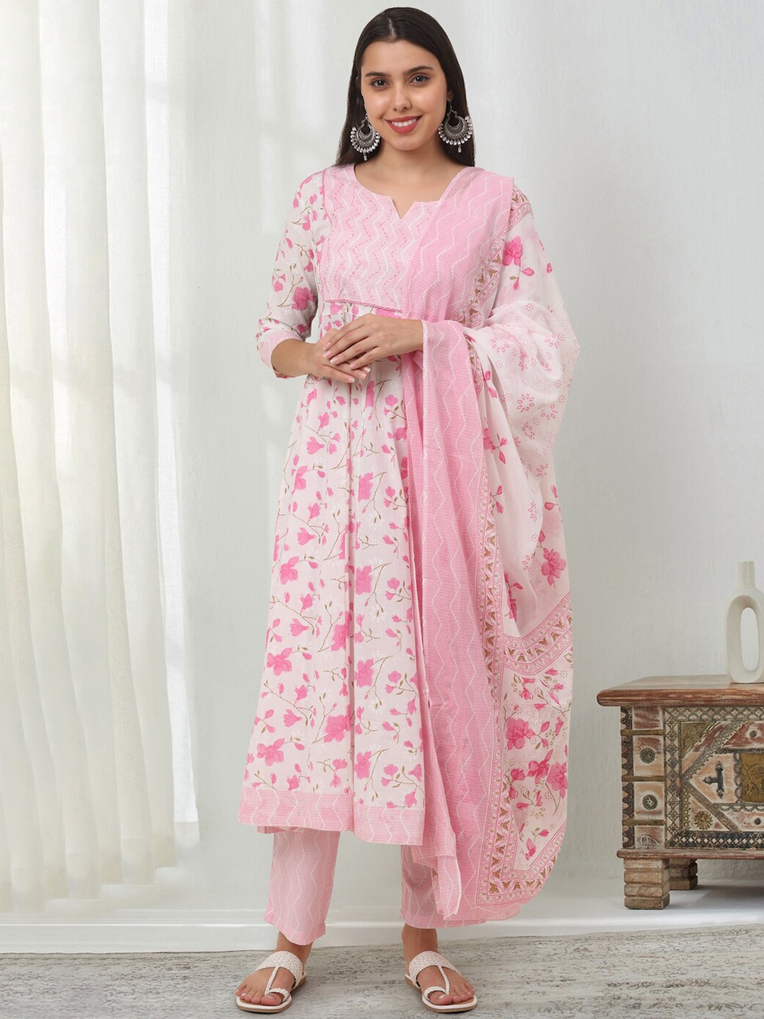 

KALINI Floral Printed Thread Work Pure Cotton Kurta With Trousers & Dupatta, Pink