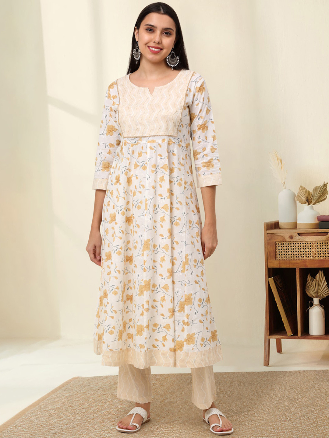 

KALINI Round Neck Floral Printed Thread Work Pure Cotton Kurta & Trousers With Dupatta, Beige