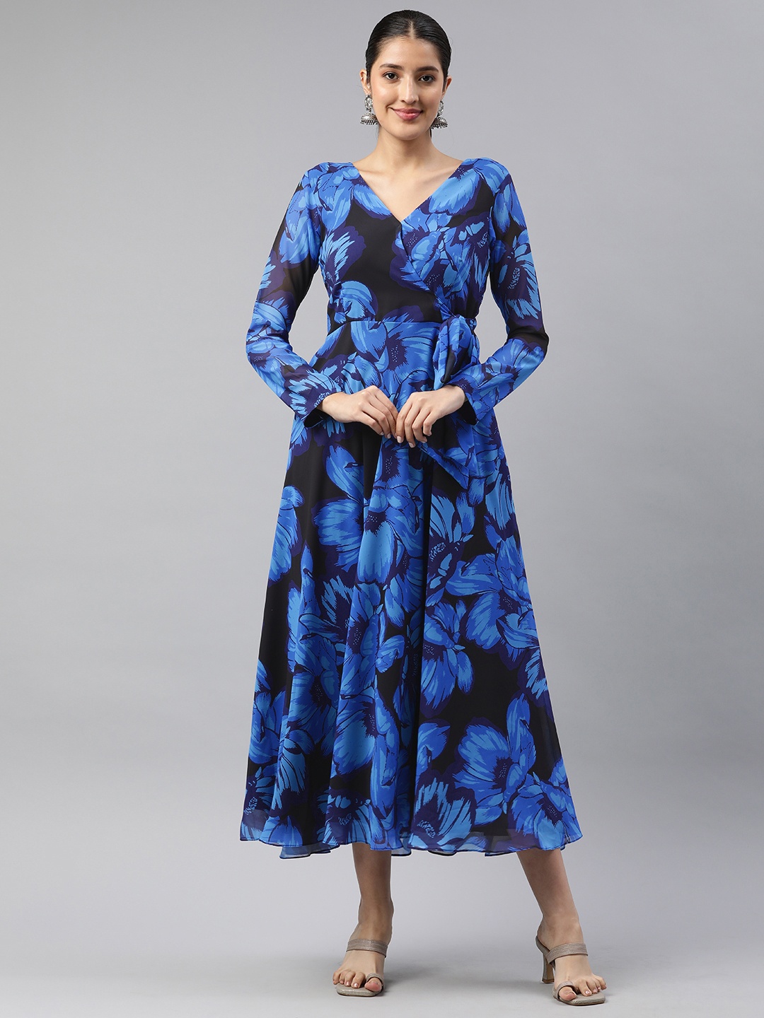 

BLACK SCISSOR Floral Print Georgette Midi Wrap Ethnic Dress, Blue