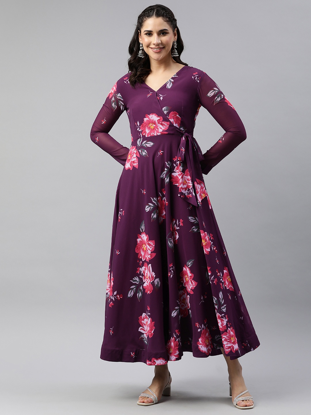 

BLACK SCISSOR Floral Print Georgette Maxi Wrap Ethnic Dress, Purple