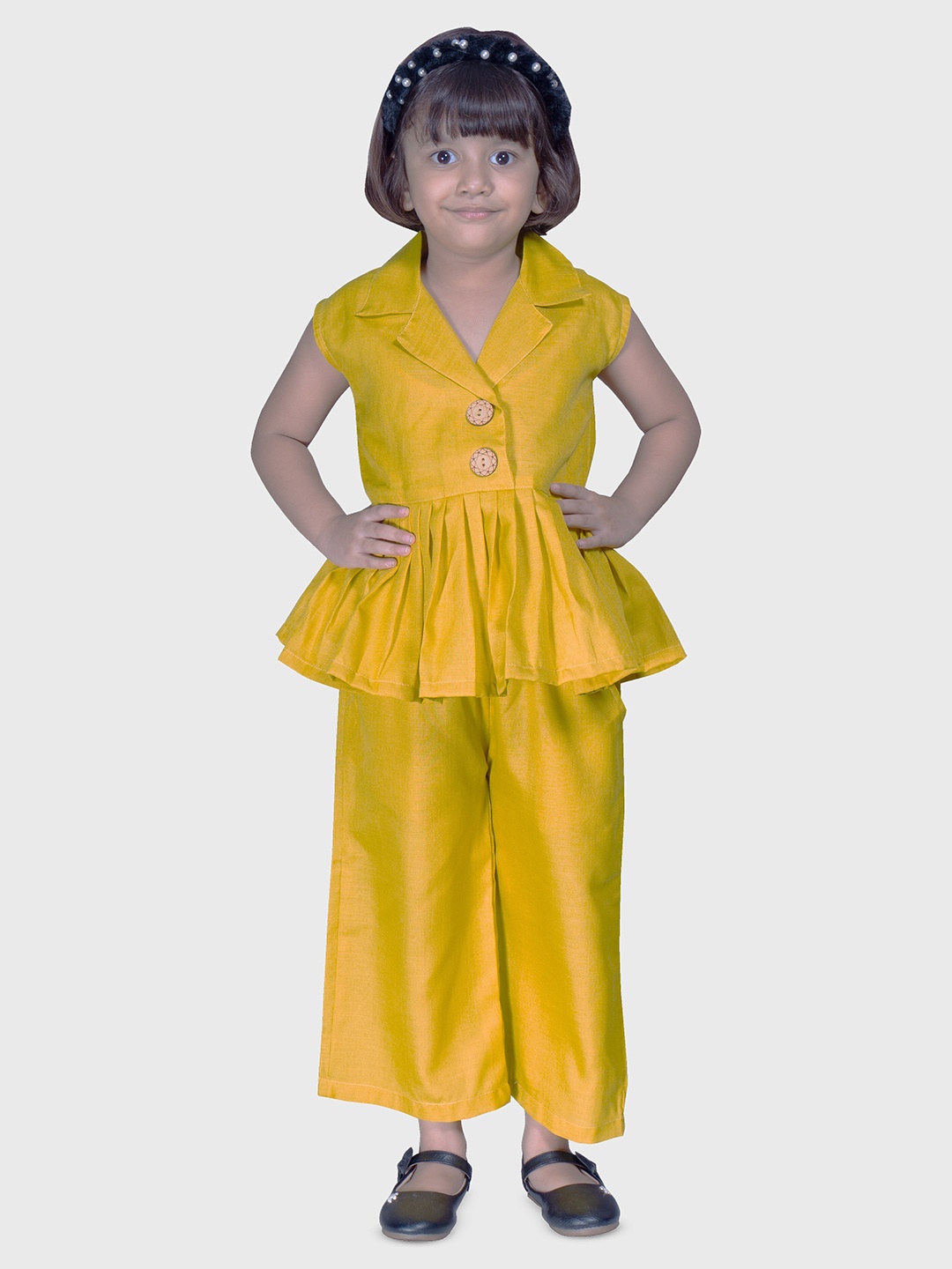 

Modish Couture Girls Pure Cotton Shirt Collar Top with Palazzos, Mustard