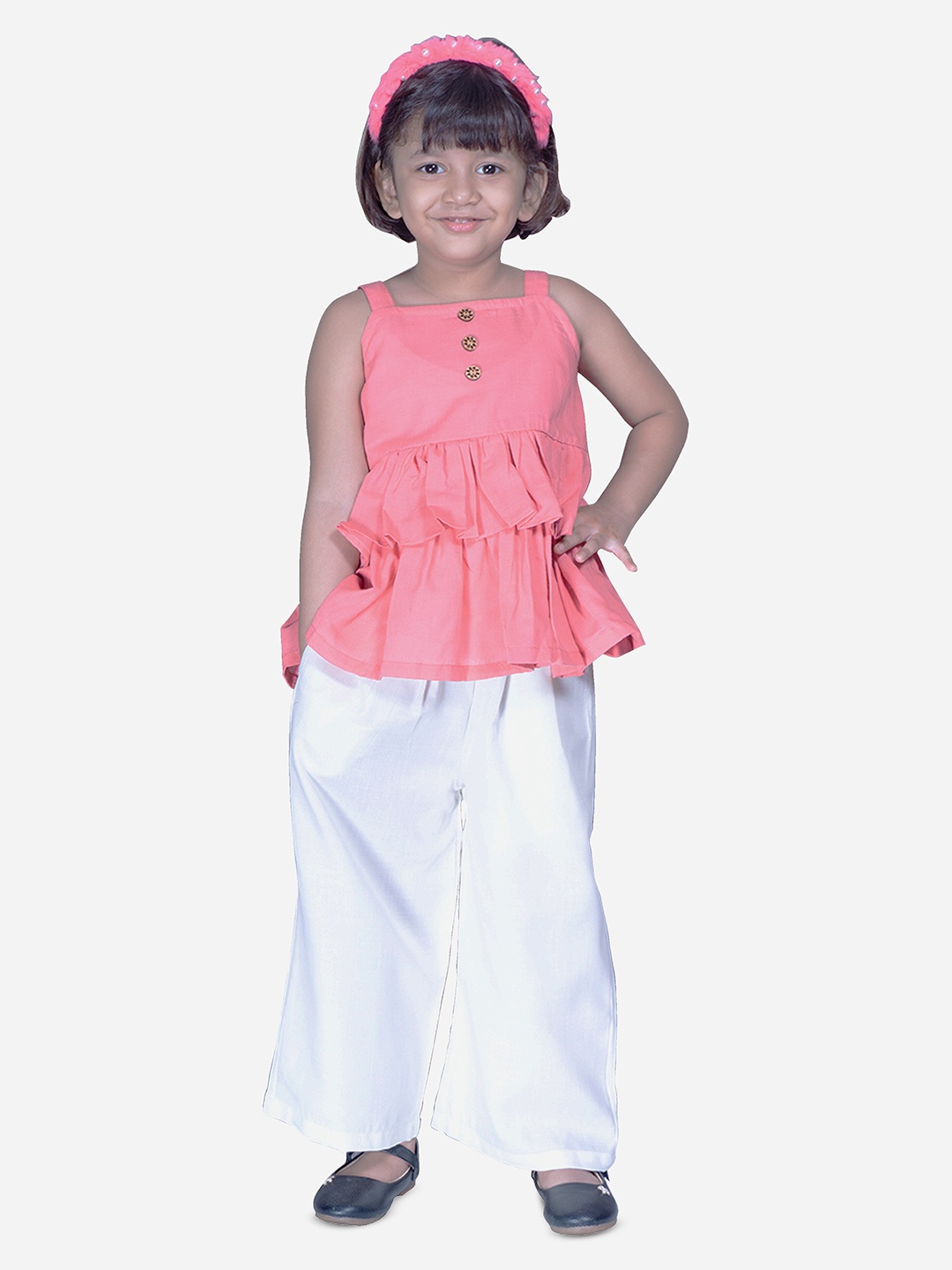 

Modish Couture Girls Pure Cotton Shoulder Straps Layered Top with Palazzos, Peach