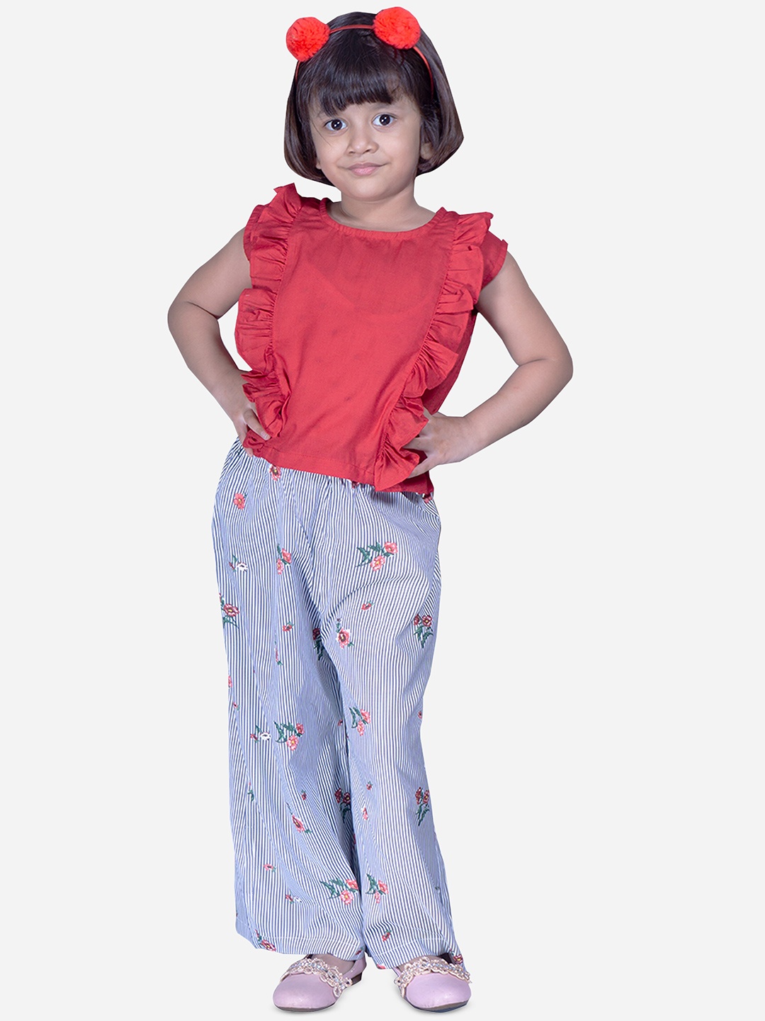 

Modish Couture Girls Pure Cotton Printed Top with Trousers, Red