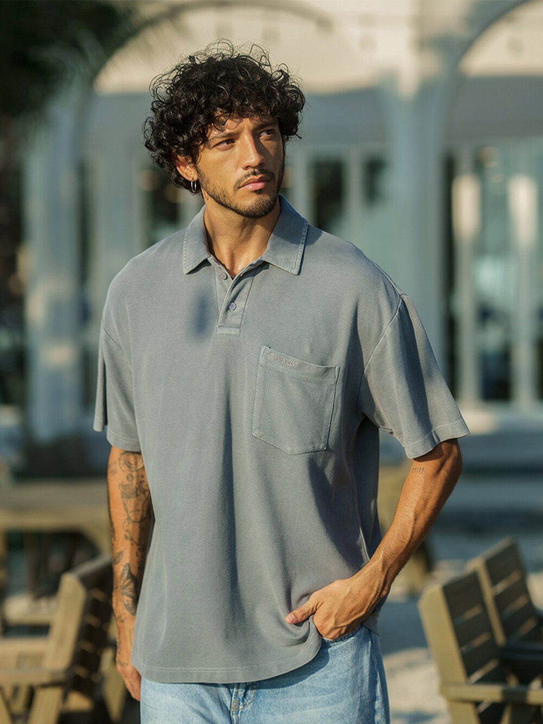 

Bonkers Corner Grey Relaxed Fit Polo Collar Pocket Detail Cotton T-shirt